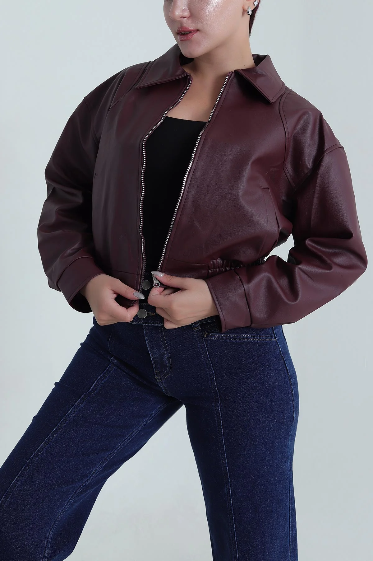 Bordo Beli Lastikli Kadın Deri Mont 484004
