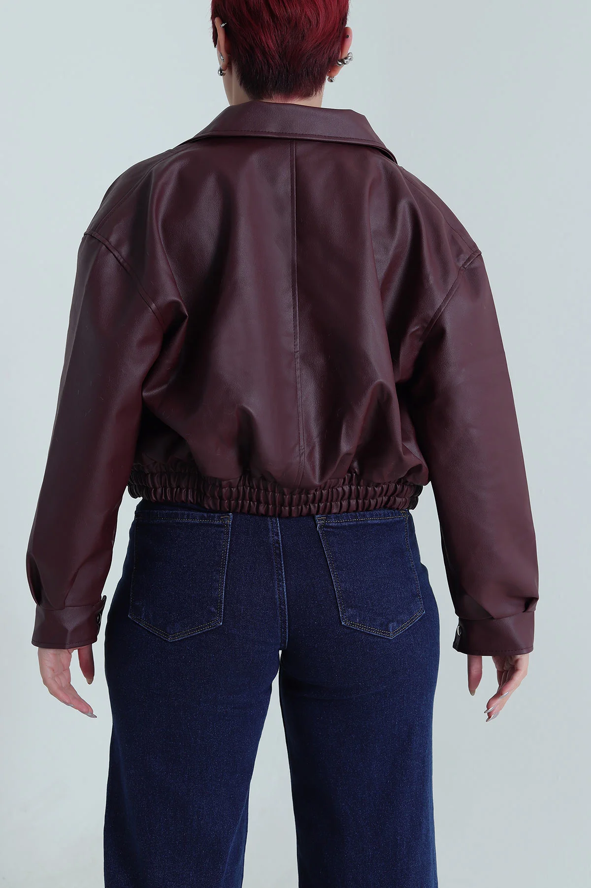 Bordo Beli Lastikli Kadın Deri Mont 484004