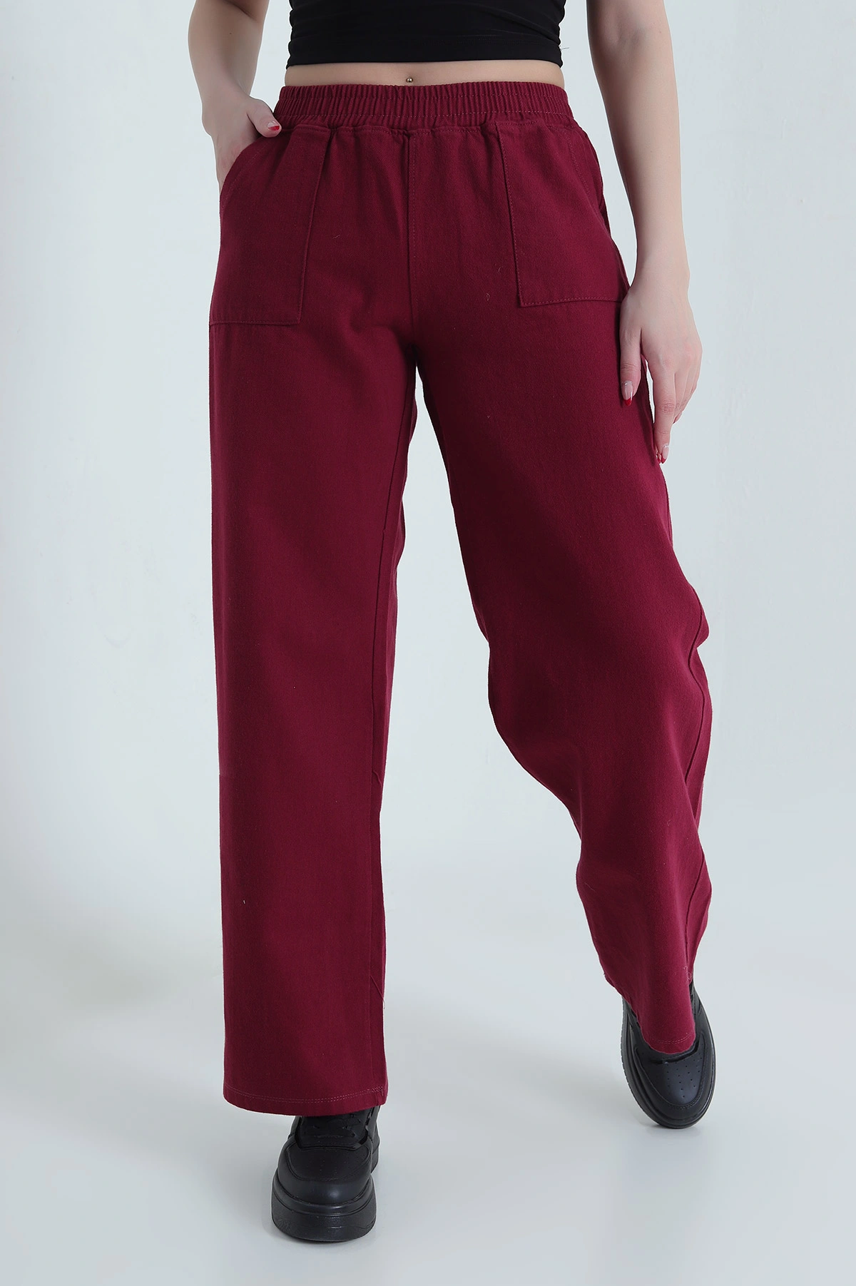 Bordo Beli Lastikli Kadın Gabardin Pantolon 437768
