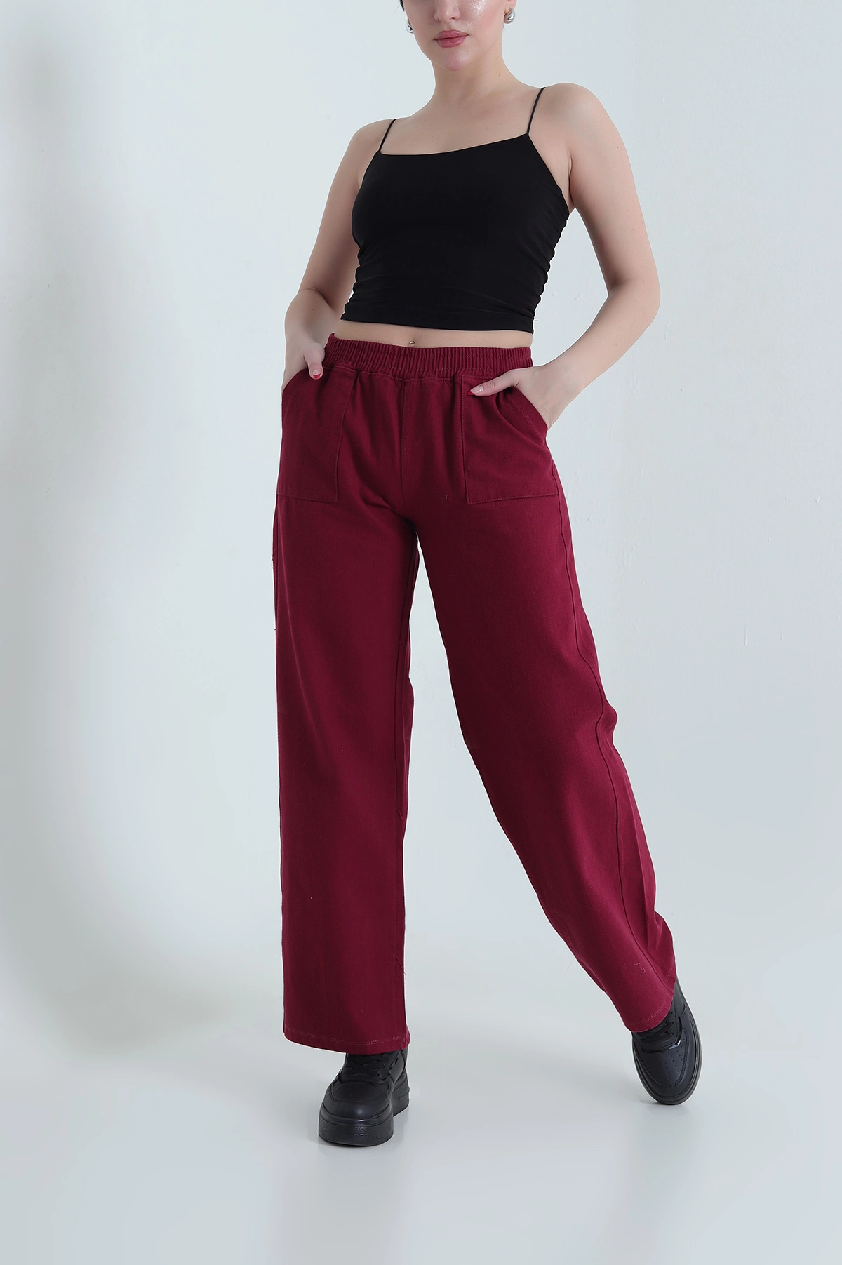 Bordo Beli Lastikli Kadın Gabardin Pantolon 437768