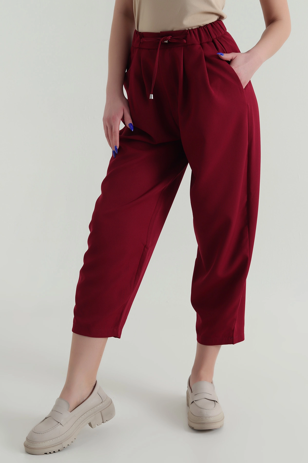 Bordo Beli Lastikli Kadın Havuç Pantolon 425783