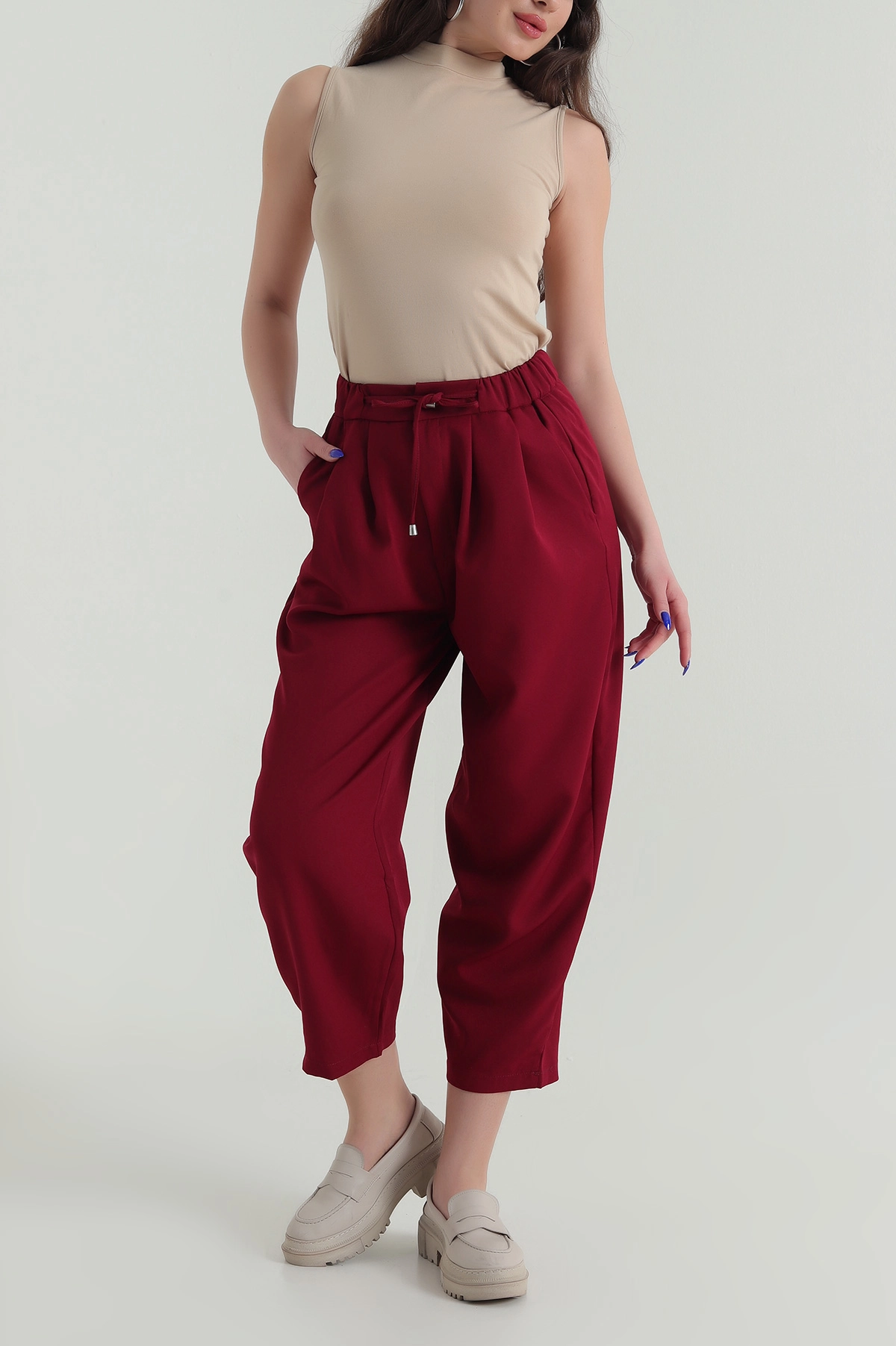 Bordo Beli Lastikli Kadın Havuç Pantolon 425783