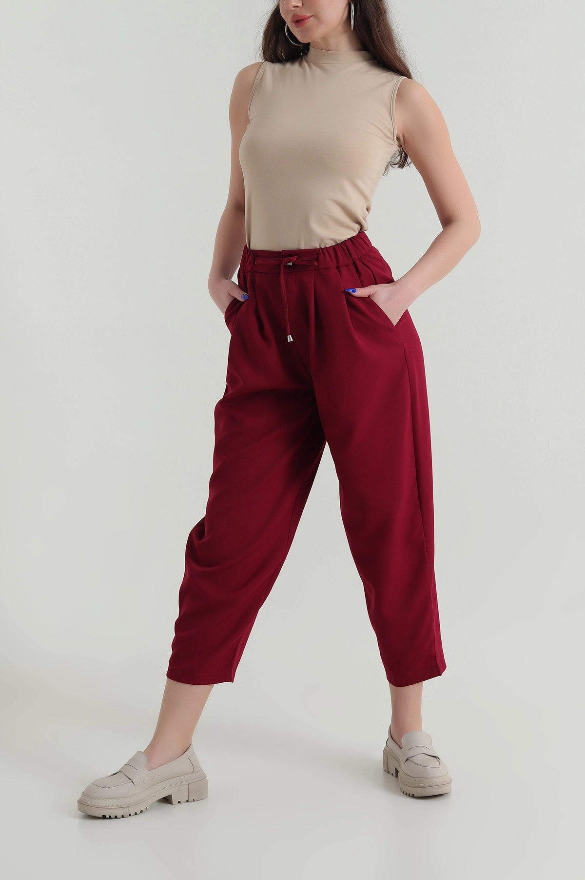 Bordo Beli Lastikli Kadın Havuç Pantolon 425783