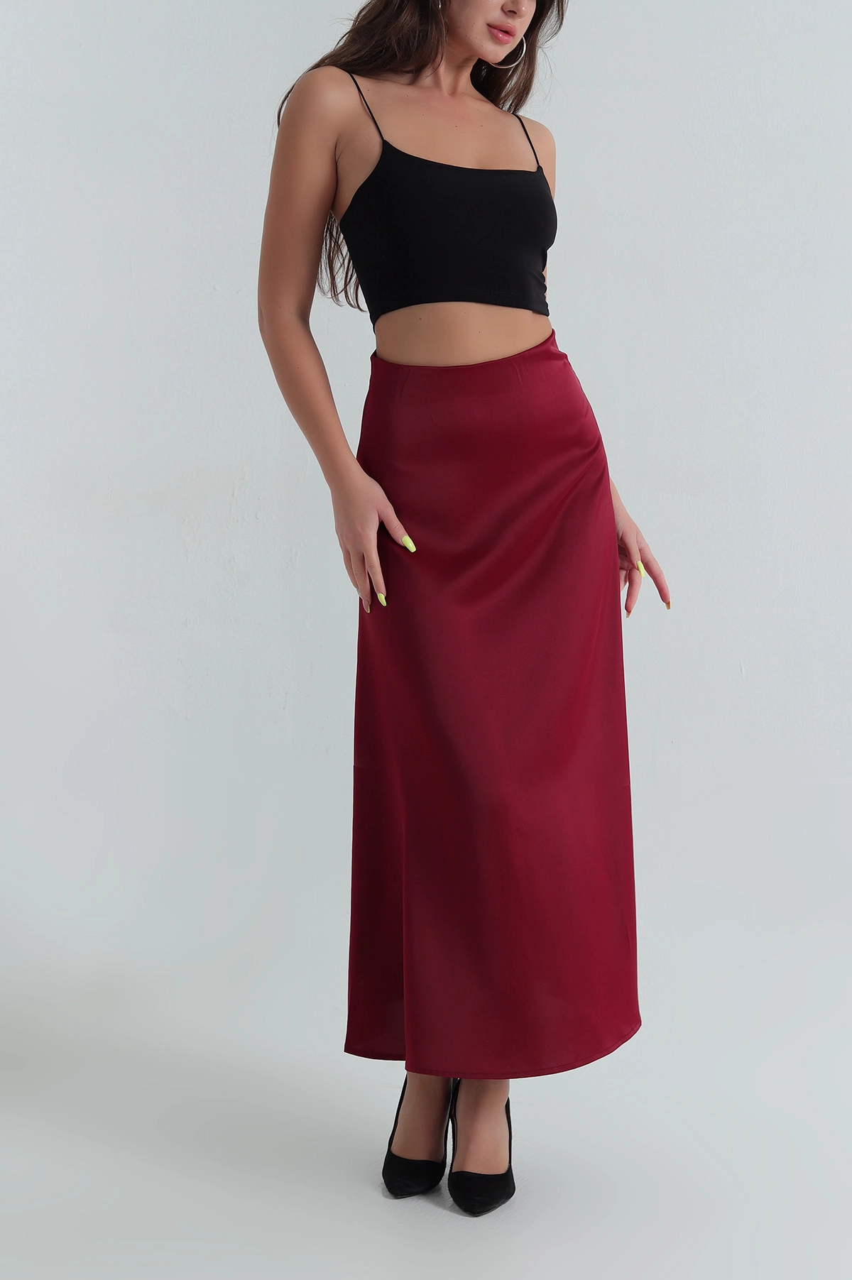 Bordo Beli Lastikli Kadın Saten Etek 395523