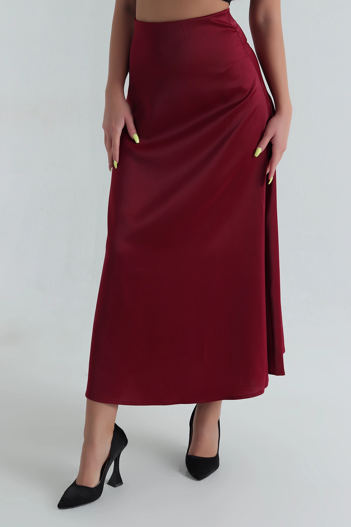 Bordo Beli Lastikli Kadın Saten Etek 395523