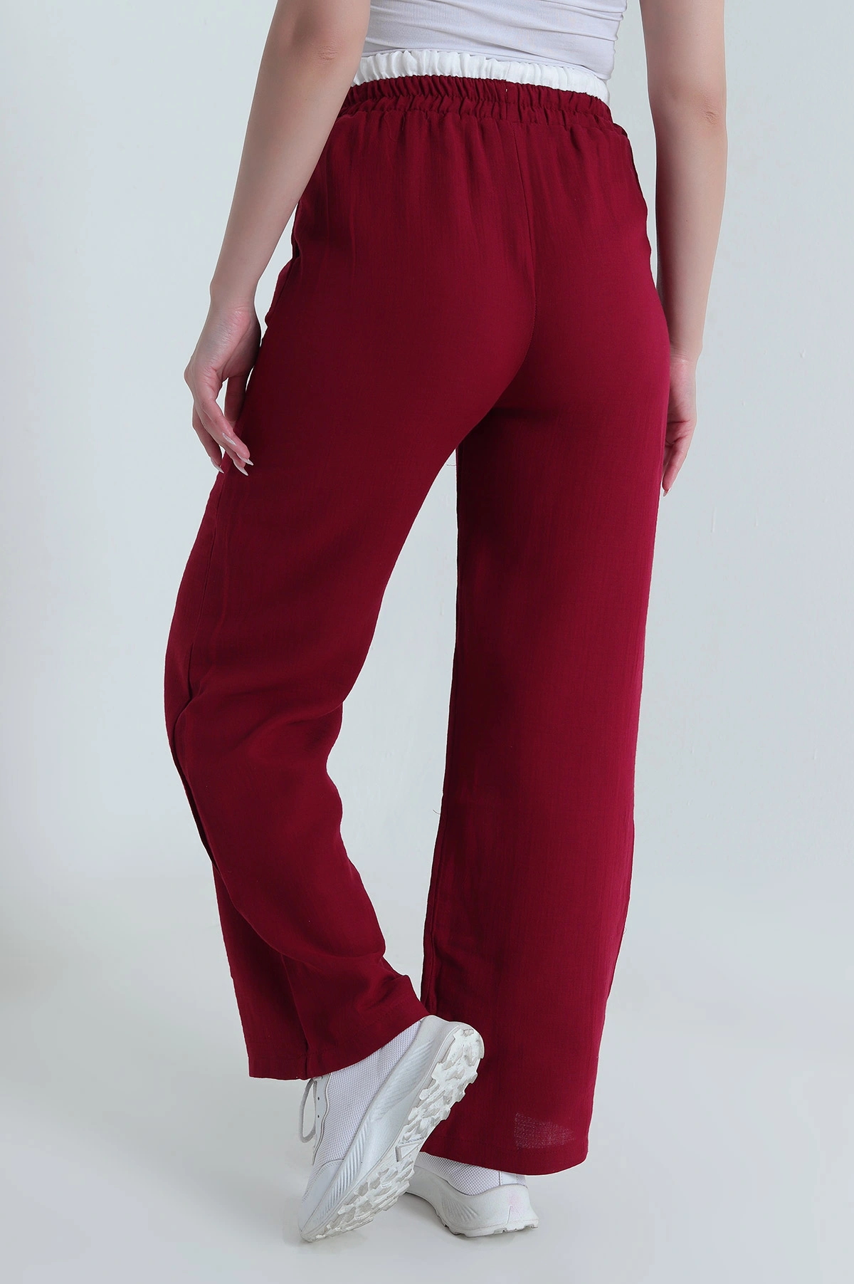 Bordo Beli Lastikli Müslin Keten Kadın Pantolon 463634