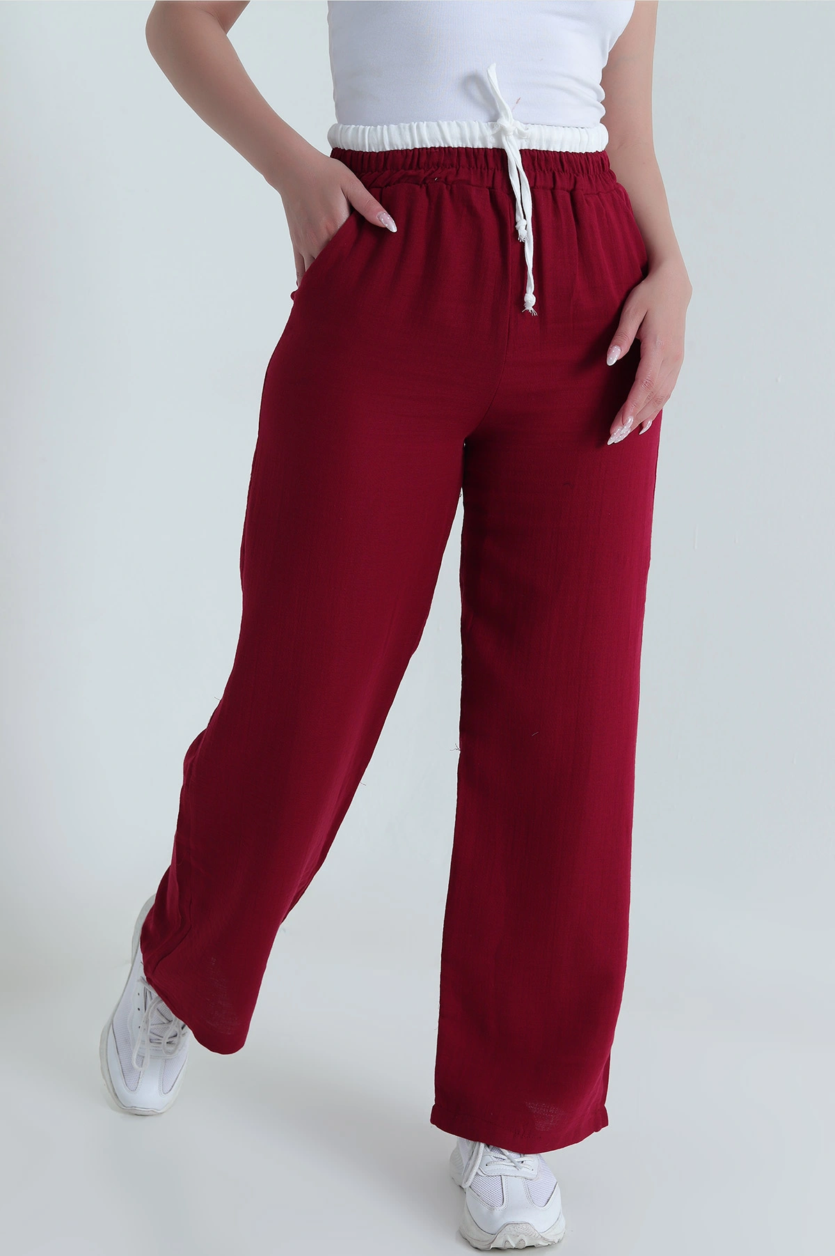 Bordo Beli Lastikli Müslin Keten Kadın Pantolon 463634