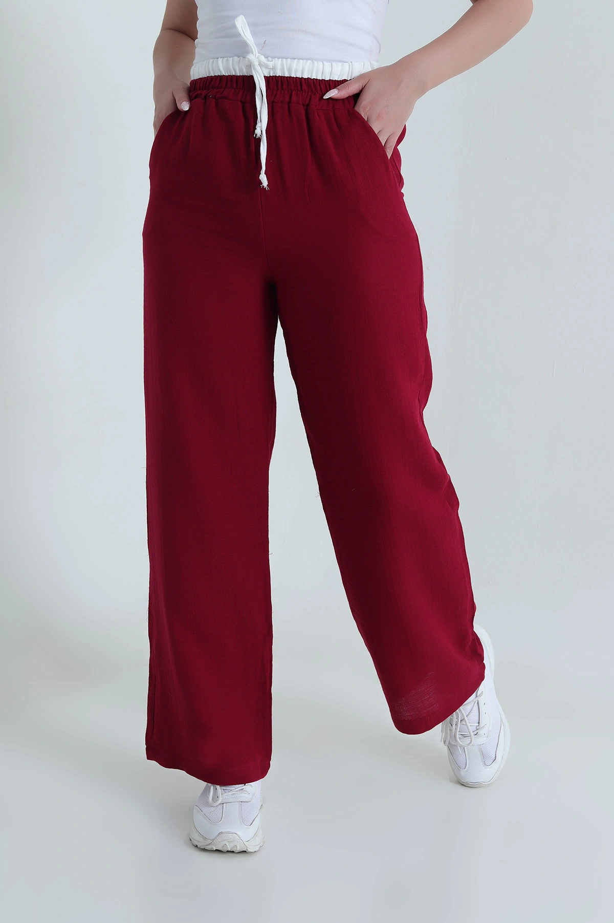 Bordo Beli Lastikli Müslin Keten Kadın Pantolon 463634