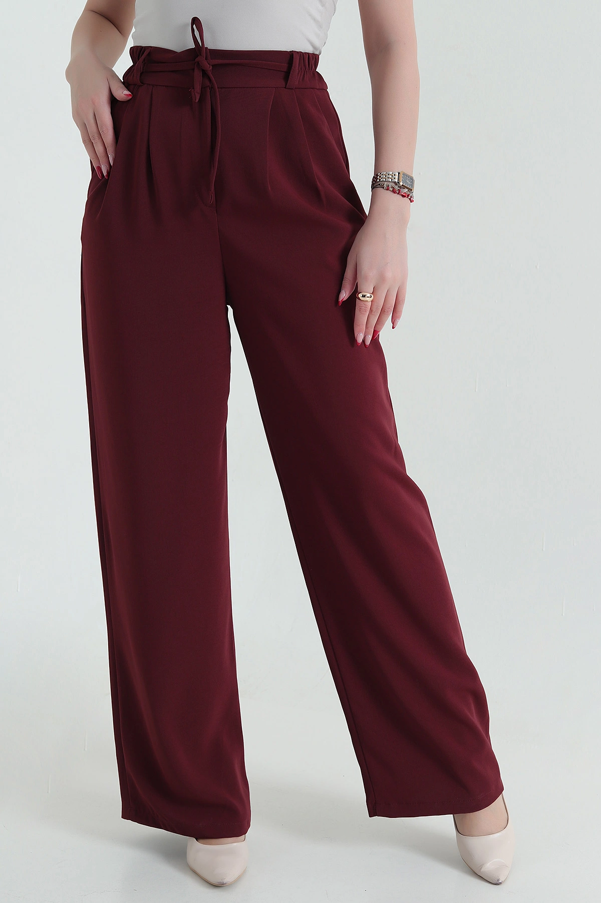 Bordo Beli Lastikli Palazzo Latina Kadın Pantolon 433372