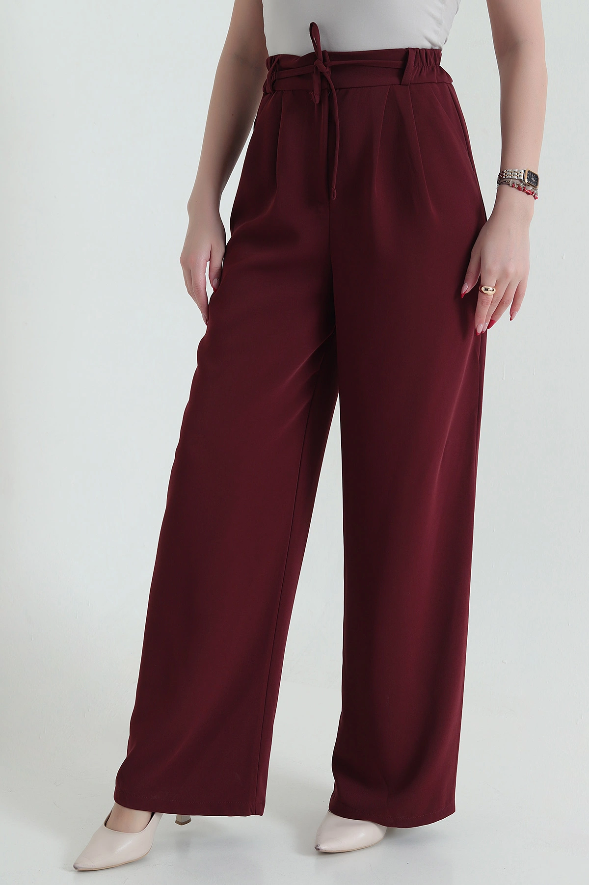 Bordo Beli Lastikli Palazzo Latina Kadın Pantolon 433372