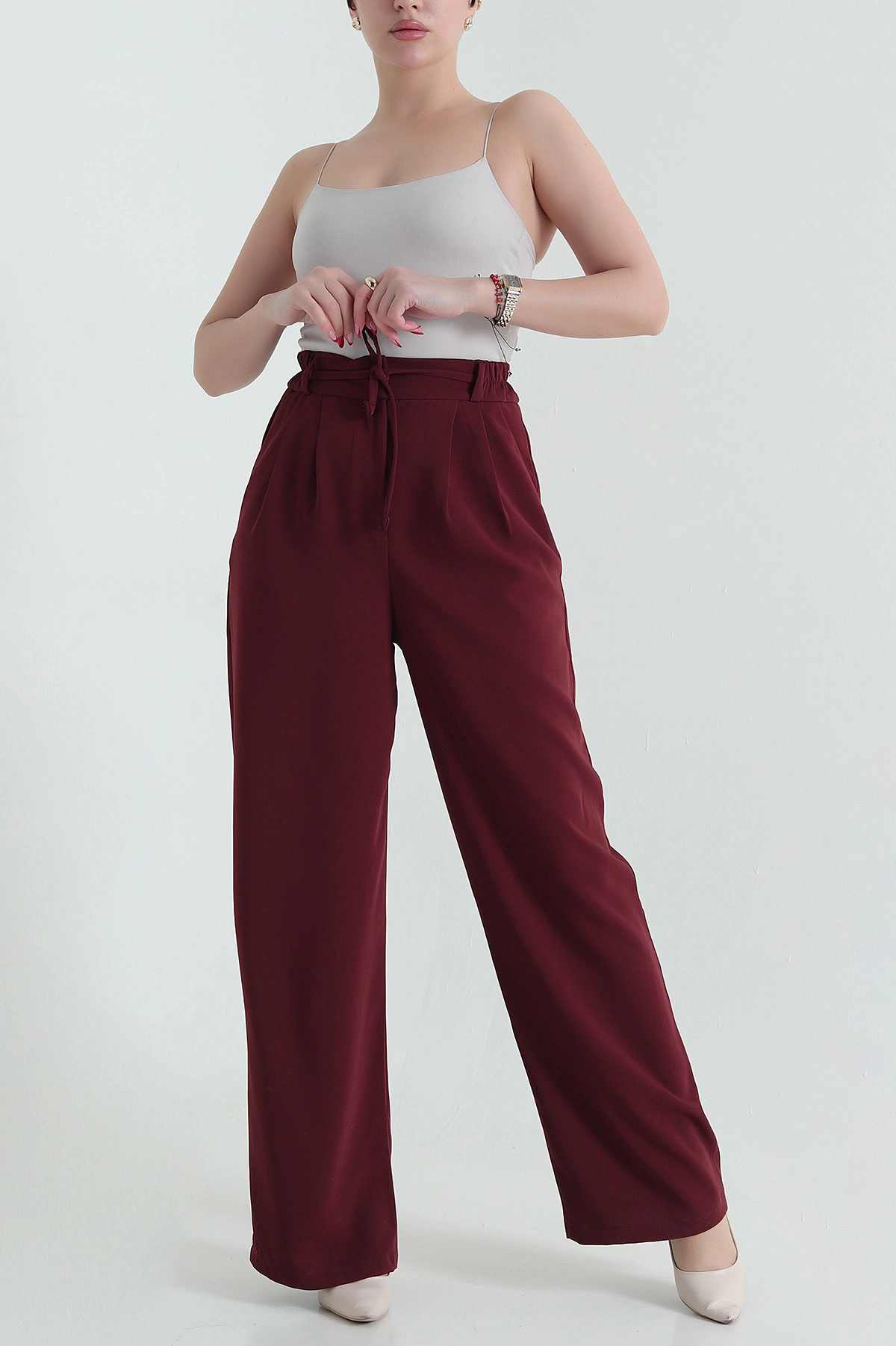 Bordo Beli Lastikli Palazzo Latina Kadın Pantolon 433372