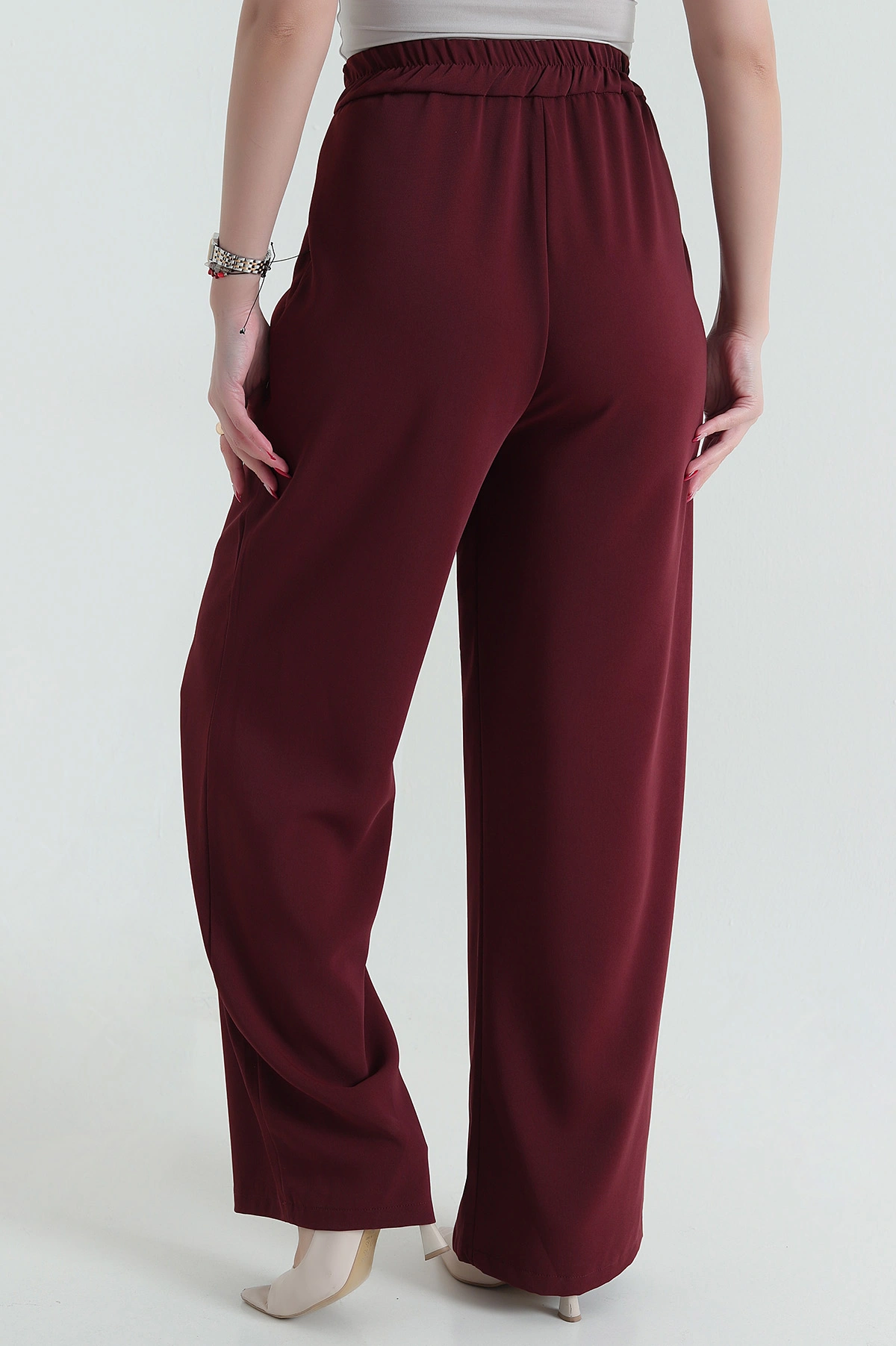 Bordo Beli Lastikli Palazzo Latina Kadın Pantolon 433372