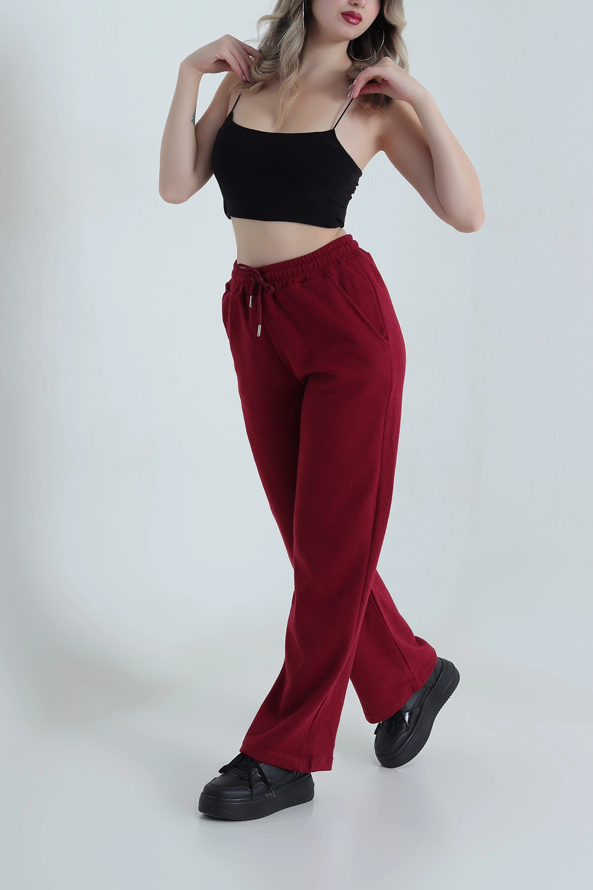 Bordo Beli Lastikli Selanik Triko Kadın Pantolon 491221