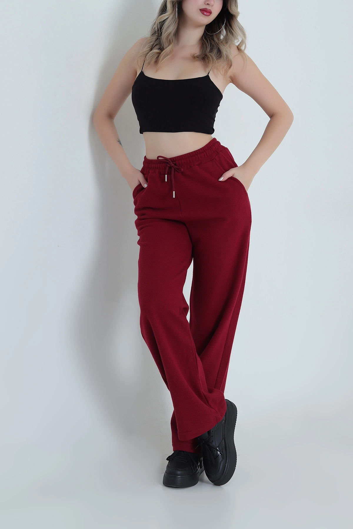 Bordo Beli Lastikli Selanik Triko Kadın Pantolon 491221