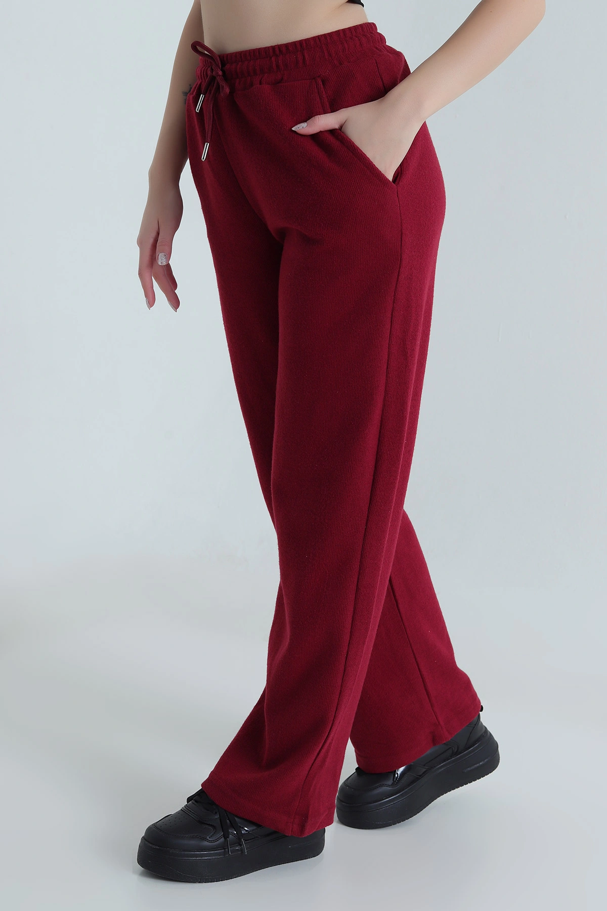 Bordo Beli Lastikli Selanik Triko Kadın Pantolon 491221