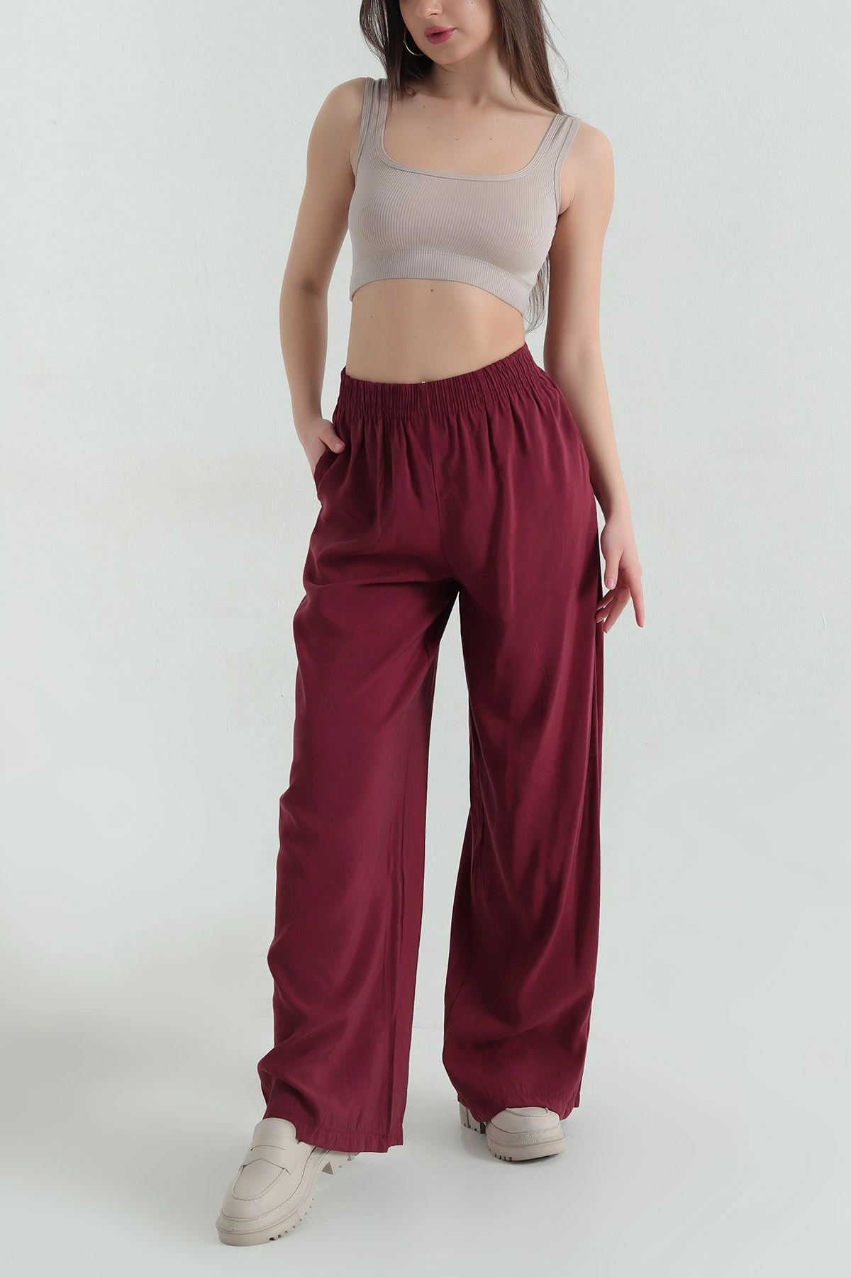Bordo Beli Lastikli Tensel Kadın Pantolon 359213