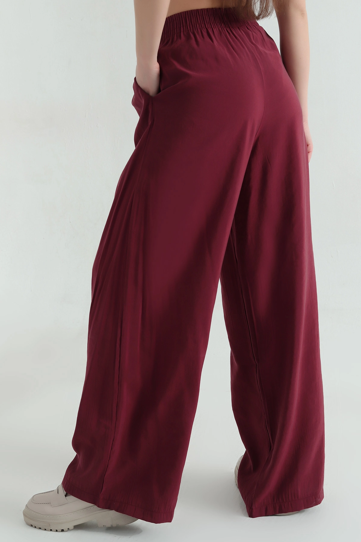 Bordo Beli Lastikli Tensel Kadın Pantolon 359213