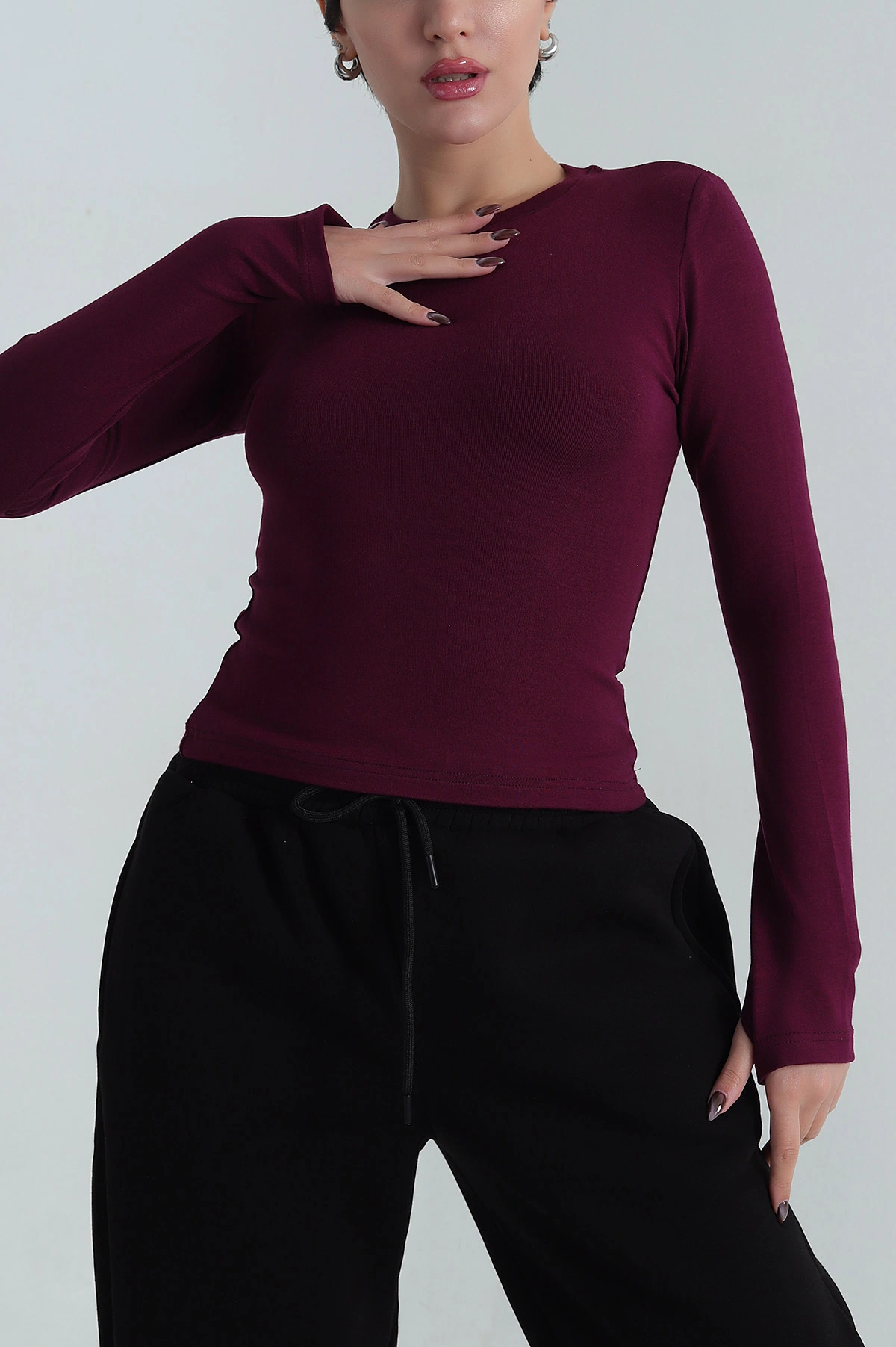 Bordo Belize Parmak Geçmeli Modal Badi Bluz 408773