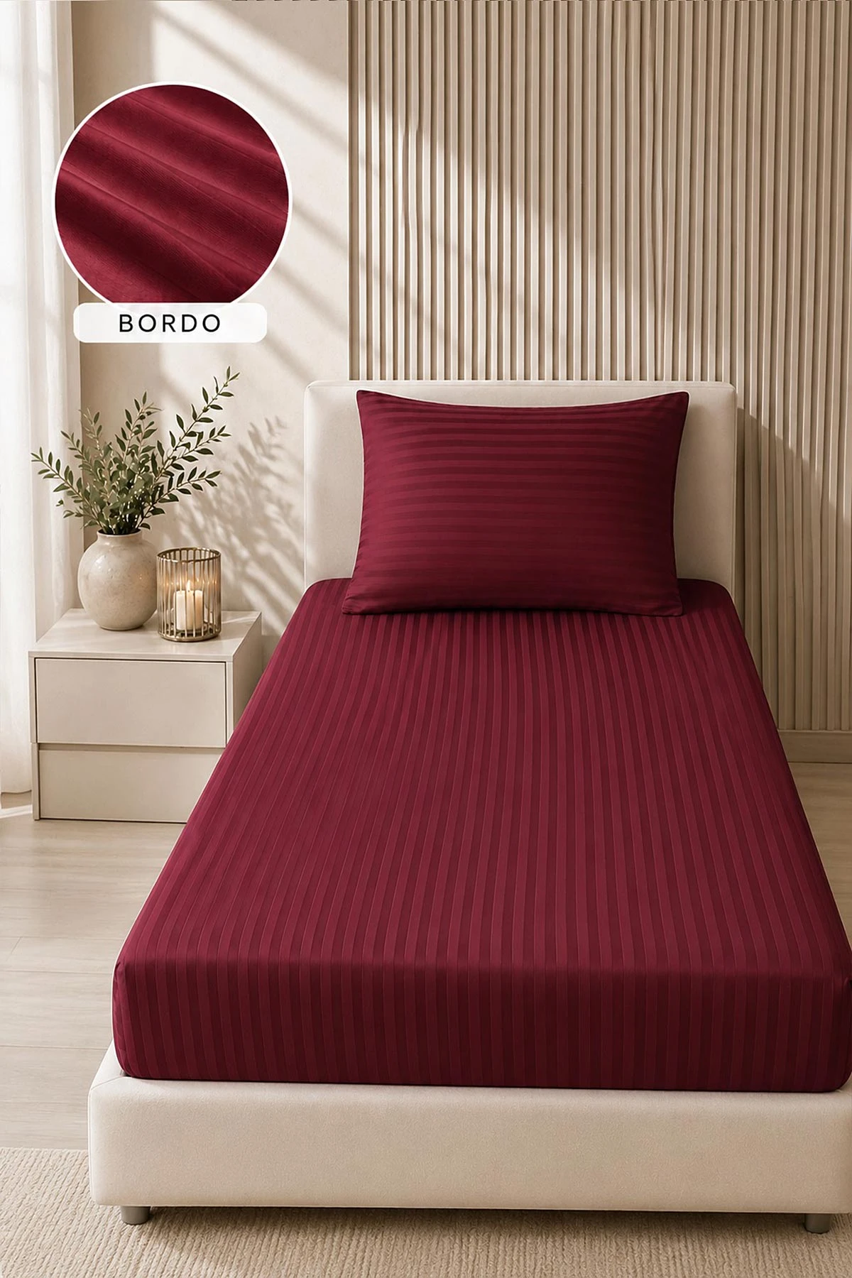 Bordo Bella Home 100x200 Cm Tek Kişilik Çizgili Saten Çarşaf Seti 482991