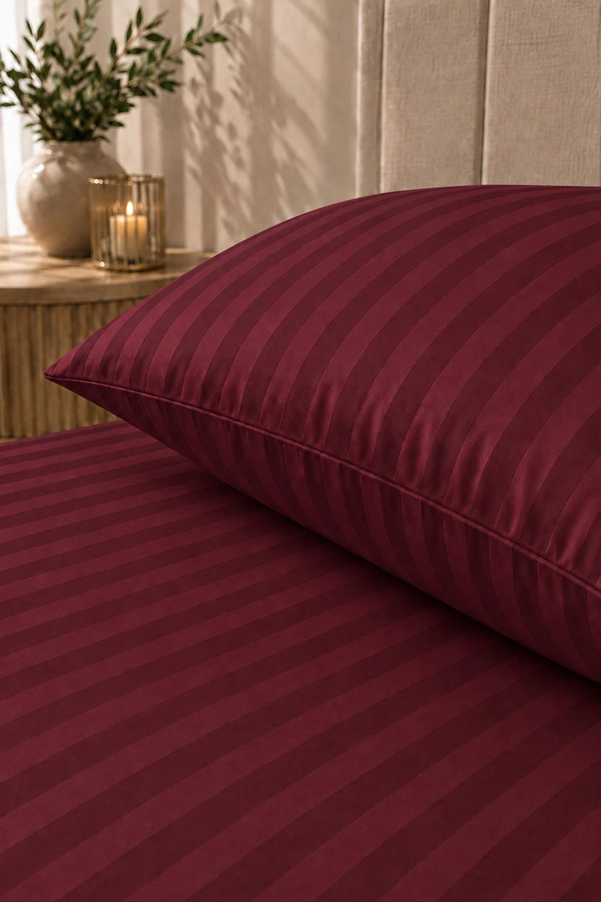 Bordo Bella Home 100x200 Cm Tek Kişilik Çizgili Saten Çarşaf Seti 482991