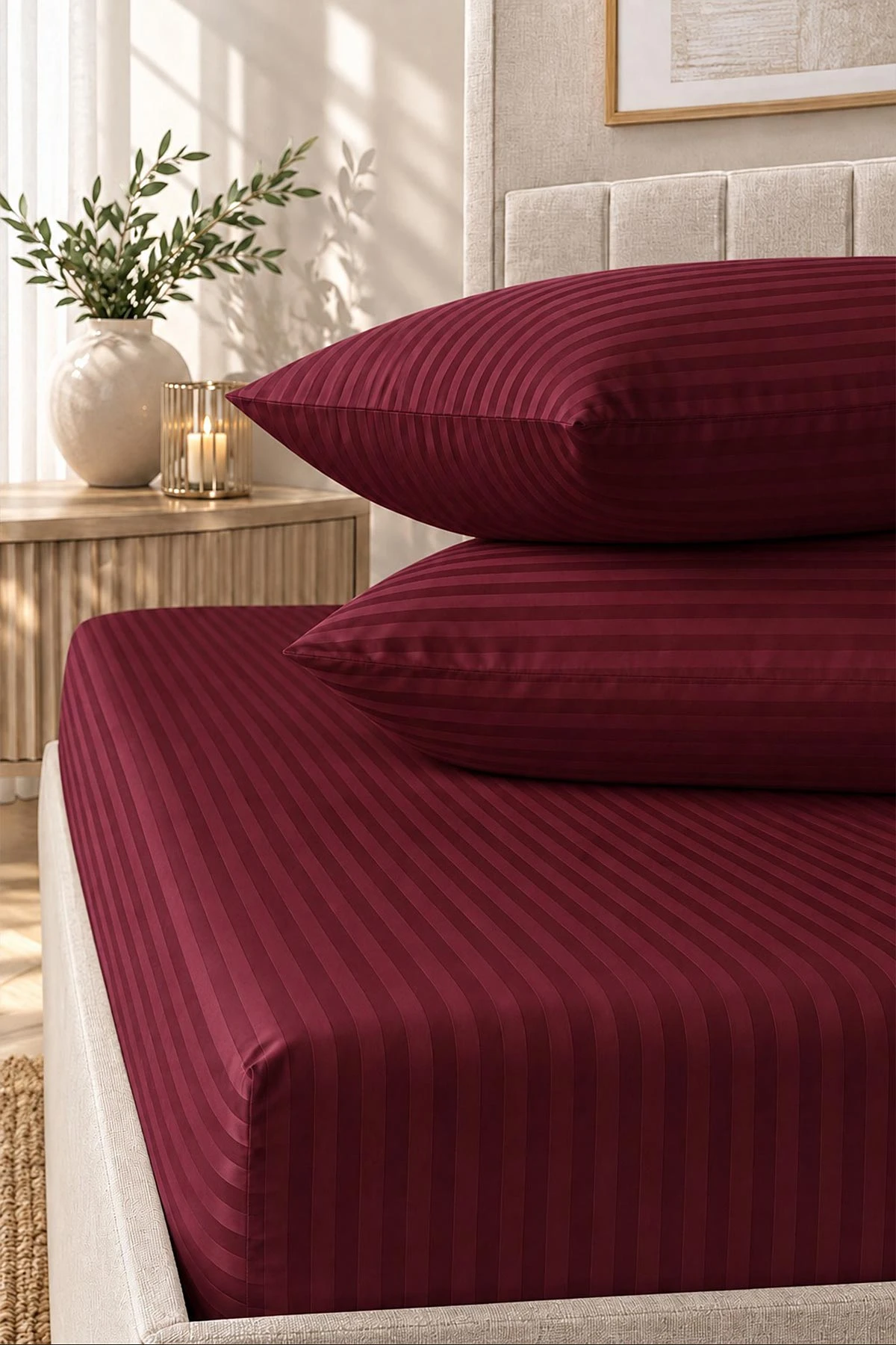 Bordo Bella Home 160x200 Cm Çift Kişilik Çizgili Saten Çarşaf Seti 483021