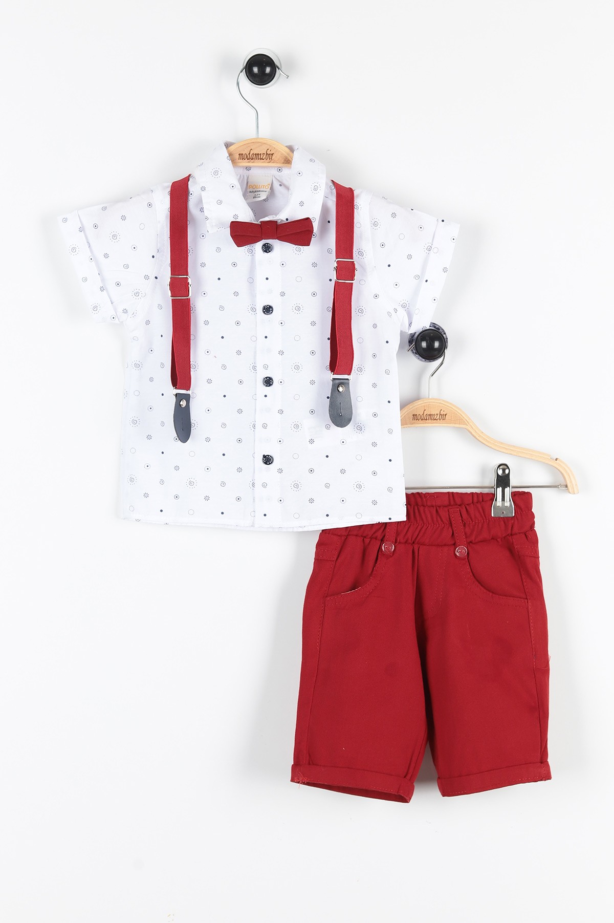Bordo Beyaz (1-4 Yaş) Papyonlu Yuvarlak Desenli Kemer Askılı Erkek Çocuk Takım 170632