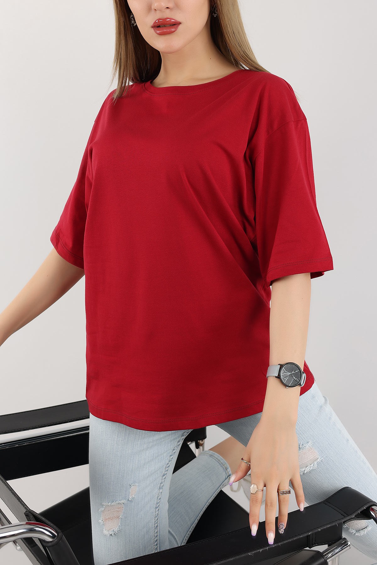 Bordo Bisiklet Yaka Bayan Tişört 171371