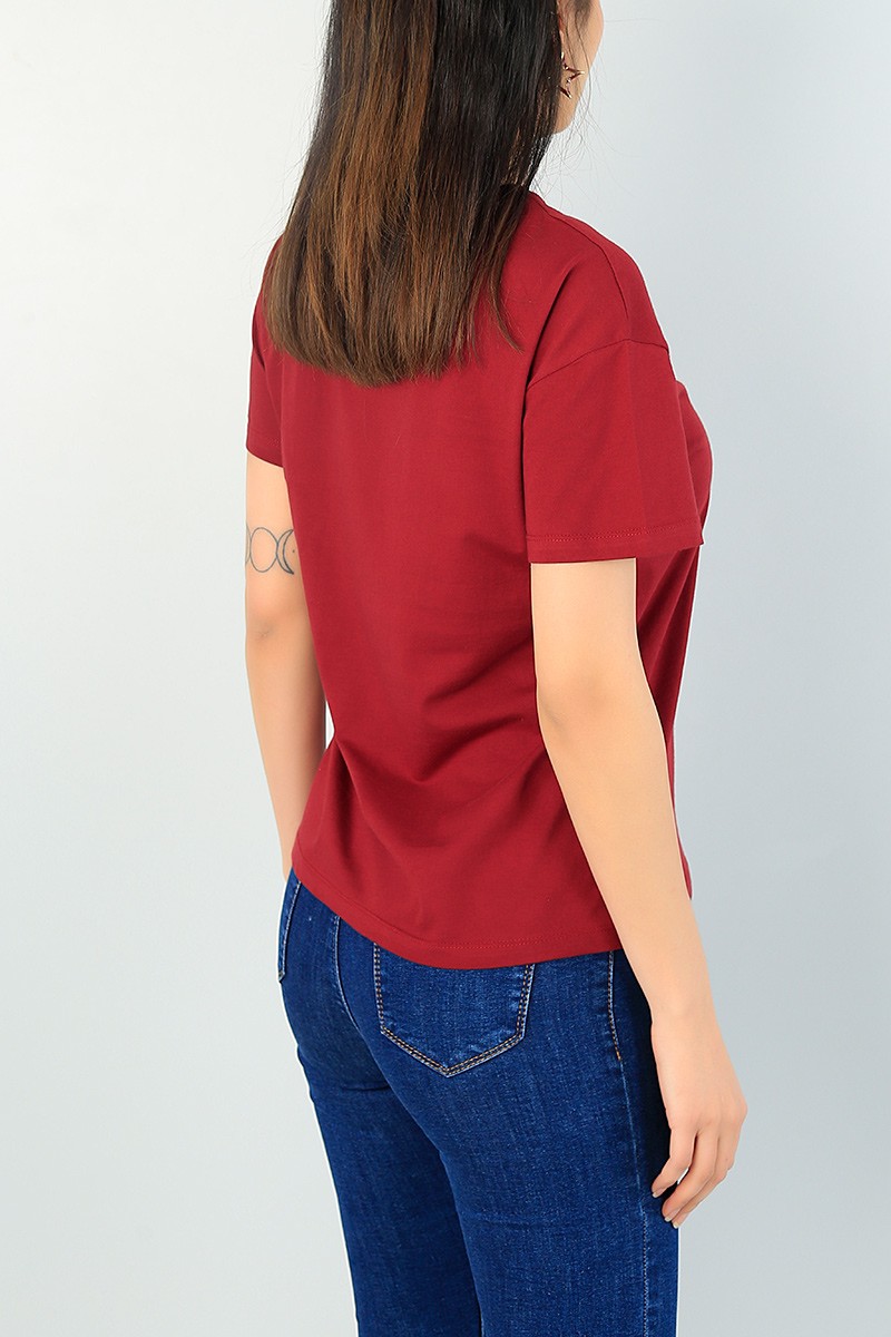 Bordo Bisiklet Yaka Bayan Tişört 65390