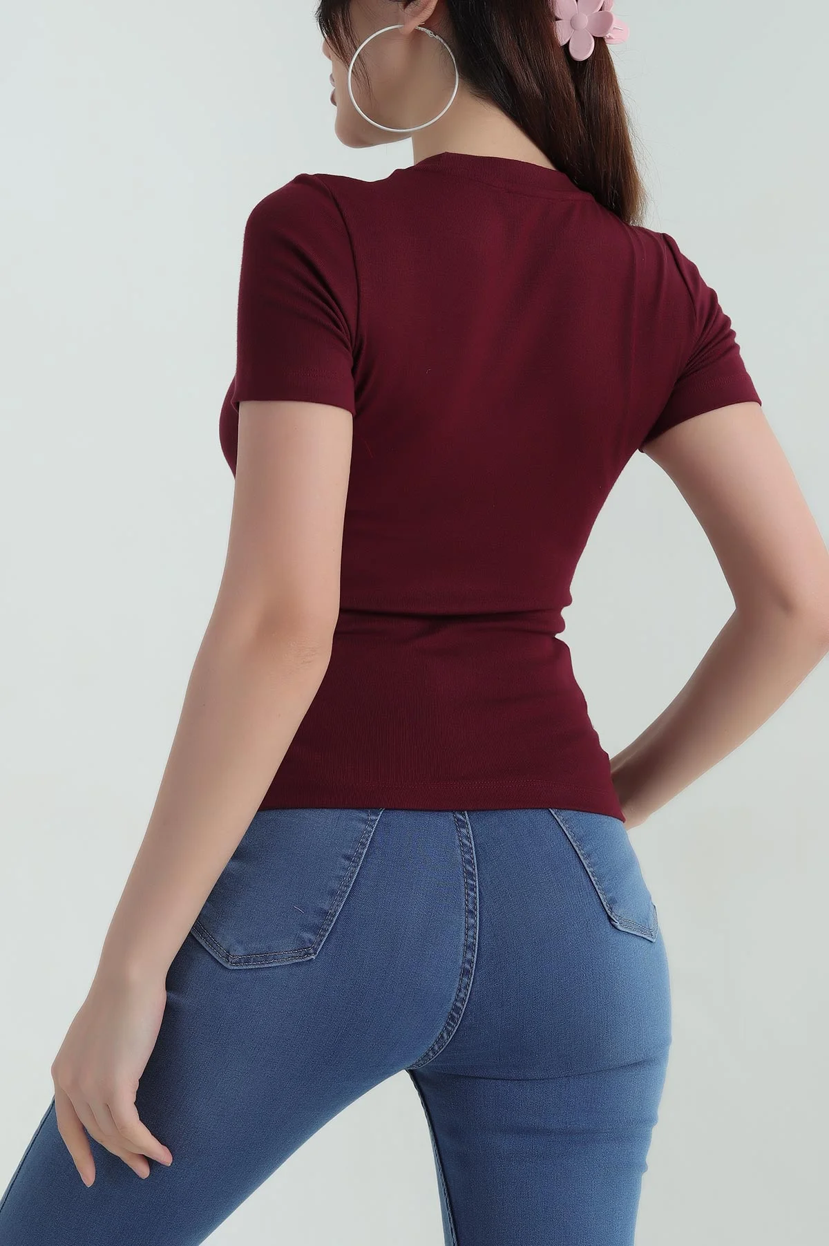 Bordo Bisiklet Yaka Çilek Kumaş Bluz 350531