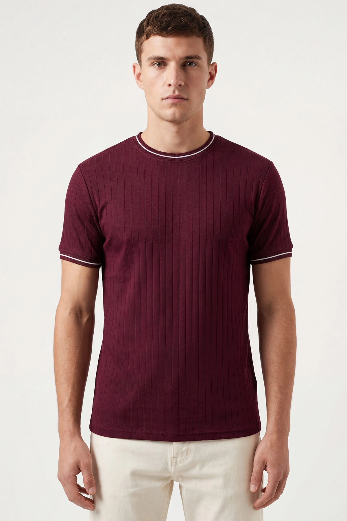 Bordo Bisiklet Yaka Çizgi Detaylı Erkek Tişört 438954
