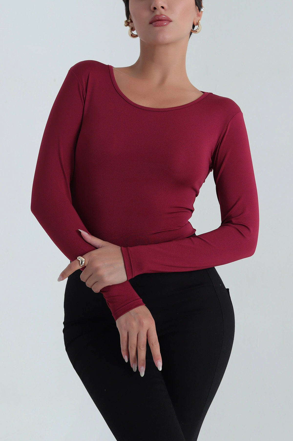 Bordo Bisiklet Yaka Dalgıç Zıbın Bluz 387354
