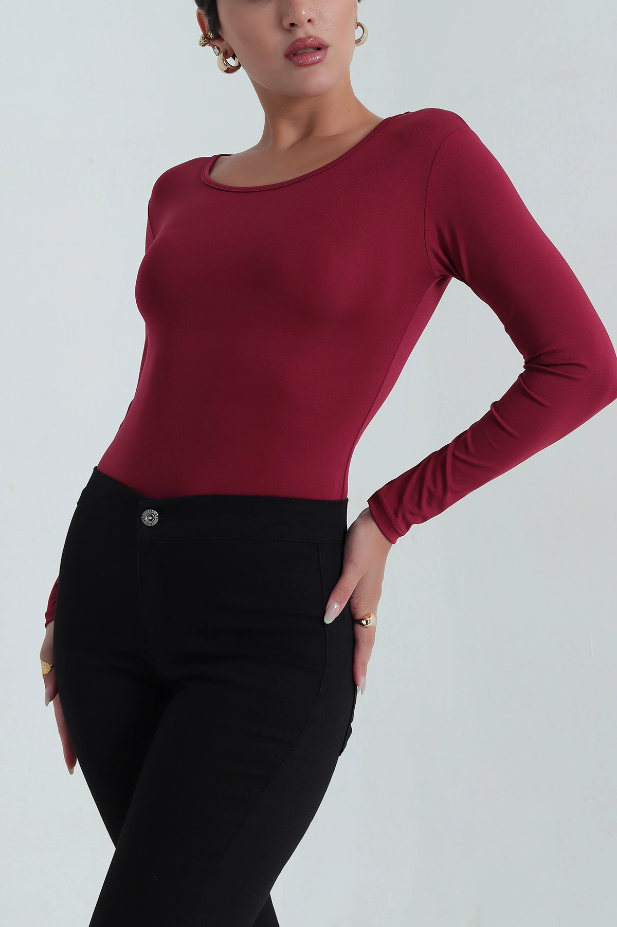 Bordo Bisiklet Yaka Dalgıç Zıbın Bluz 387354