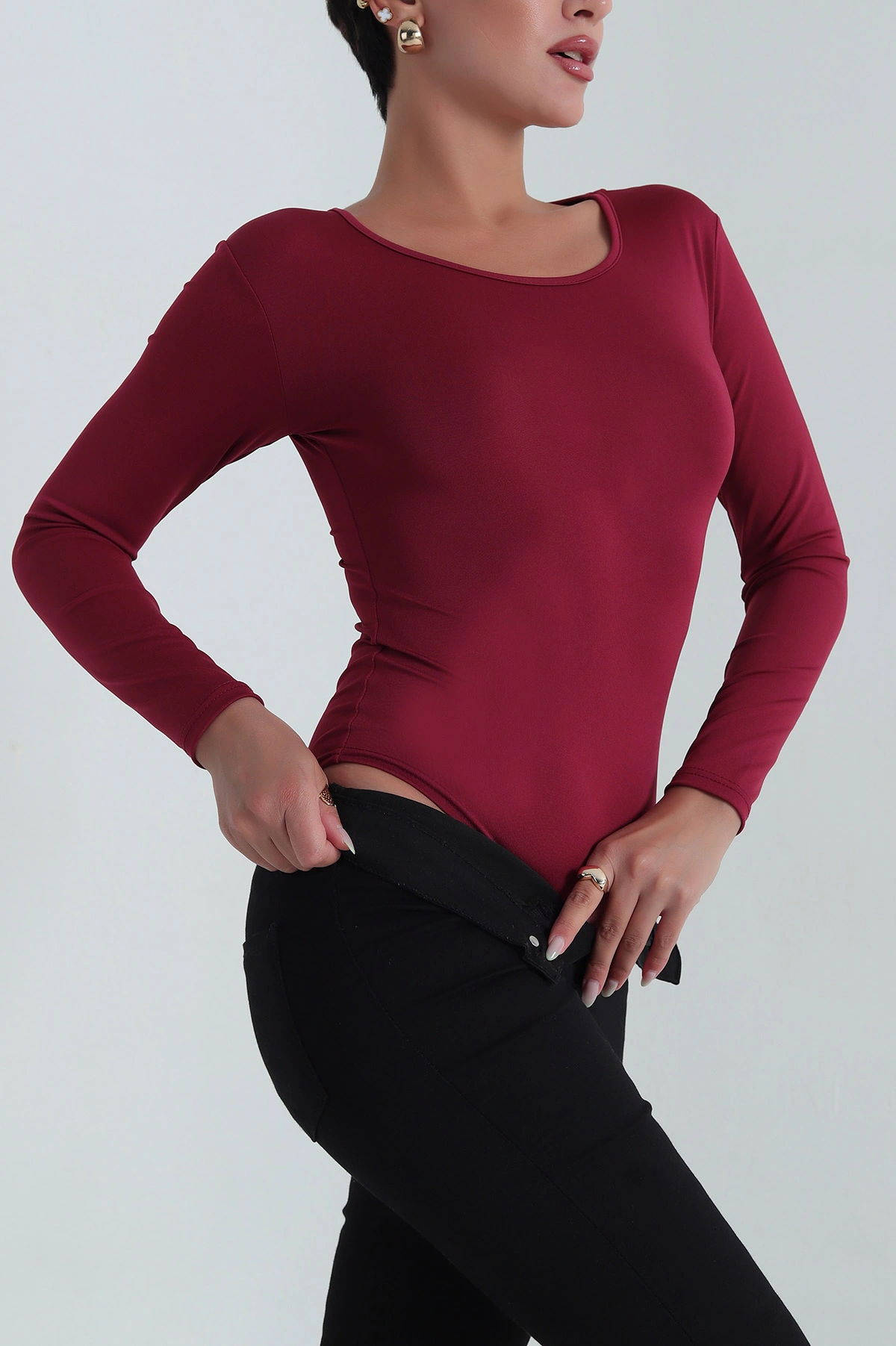 Bordo Bisiklet Yaka Dalgıç Zıbın Bluz 387354