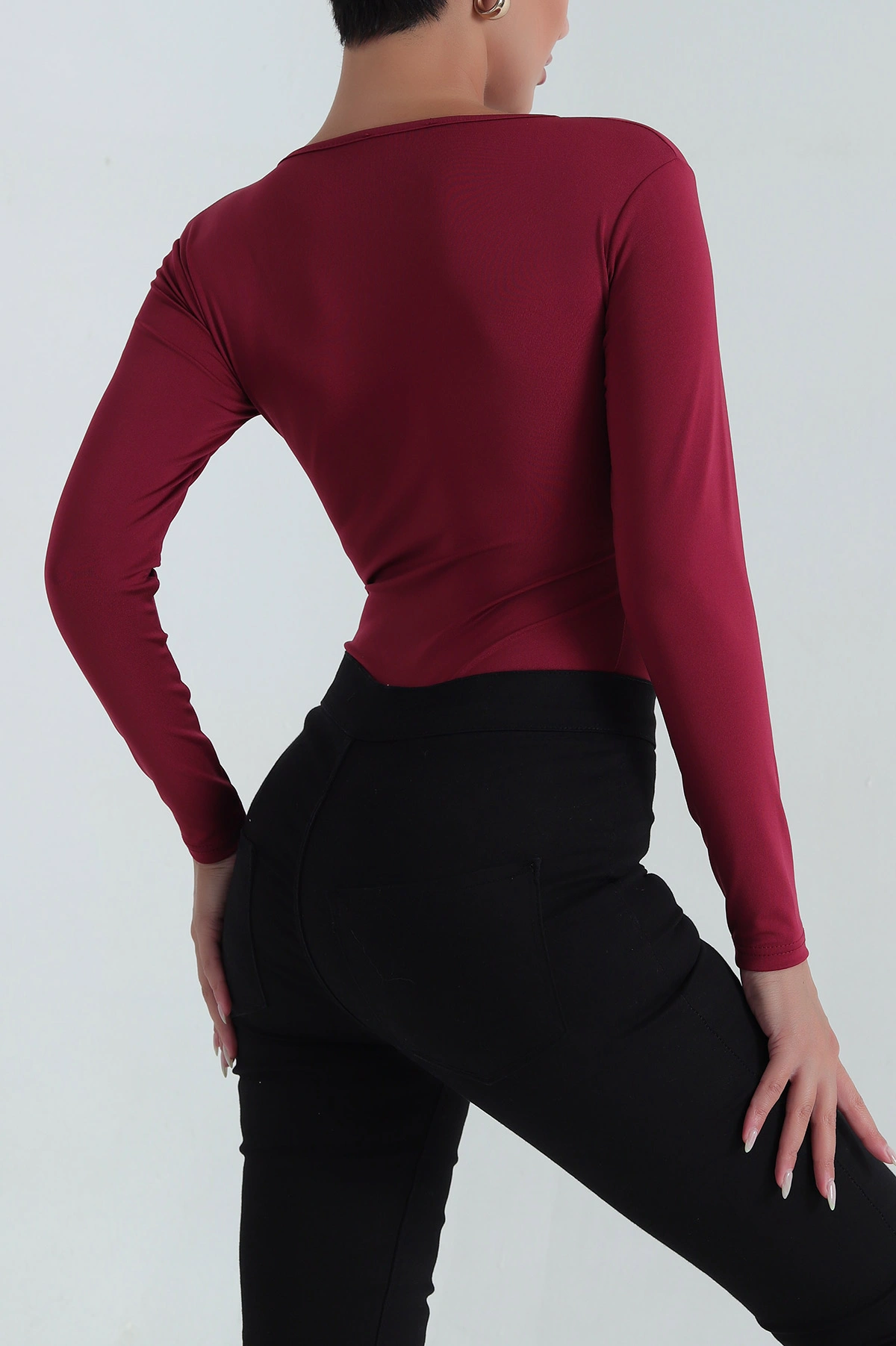 Bordo Bisiklet Yaka Dalgıç Zıbın Bluz 387354