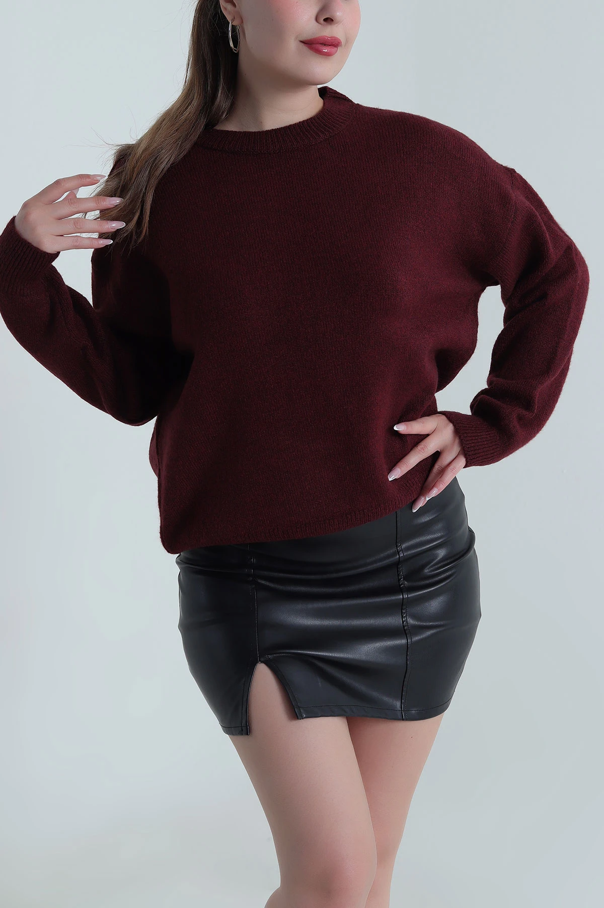 Bordo Bisiklet Yaka Kadın Triko Kazak 485762