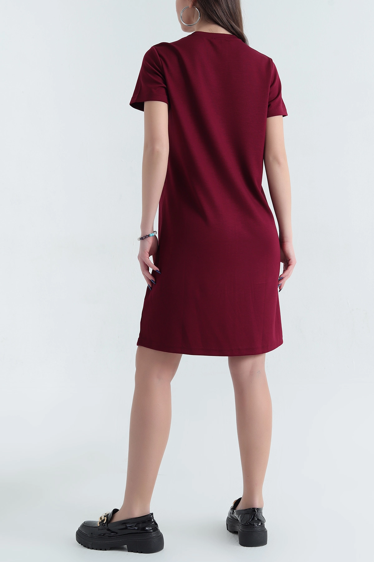 Bordo Bisiklet Yaka Kısa Kollu Çimalı Modal Elbise 337905