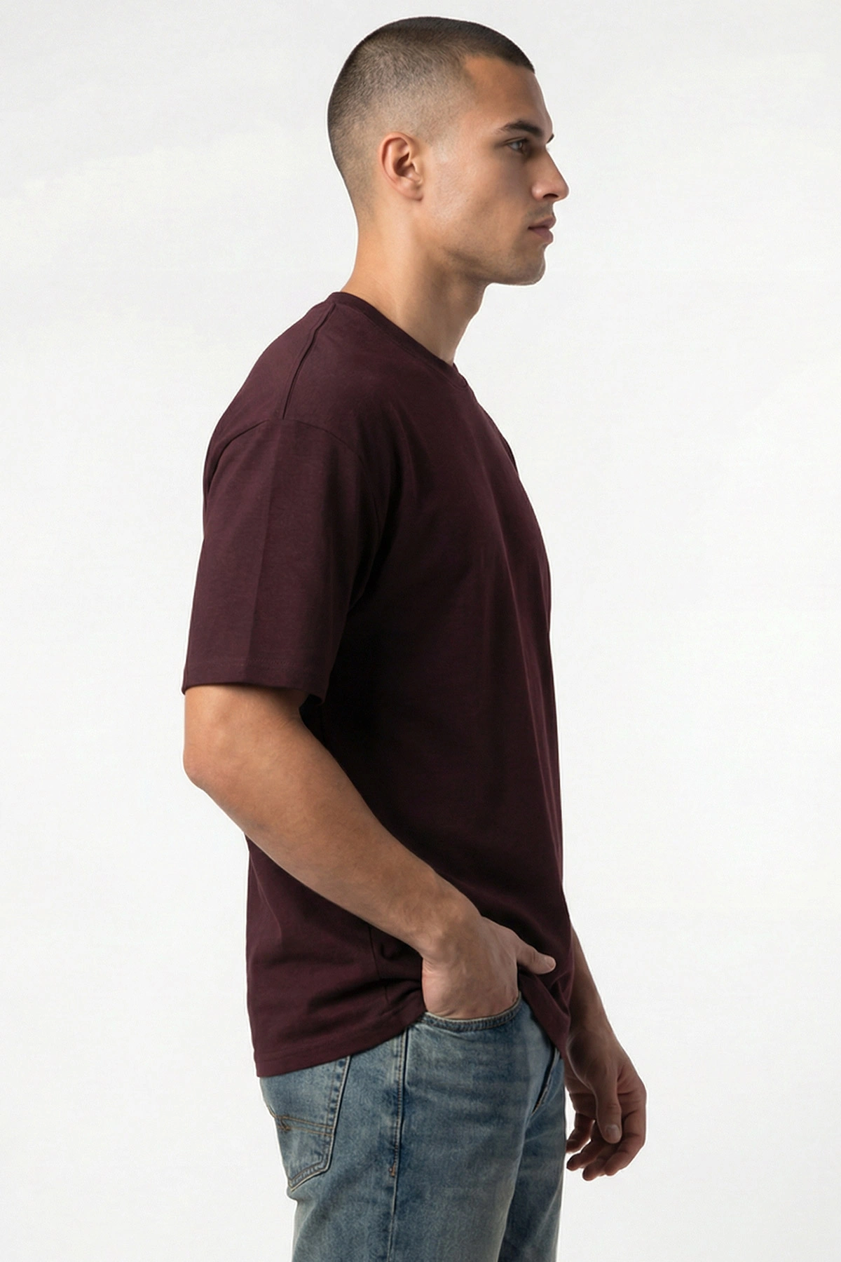 Bordo Oysho Kumaş Oversize Bisiklet Yaka Erkek Tişört 438959