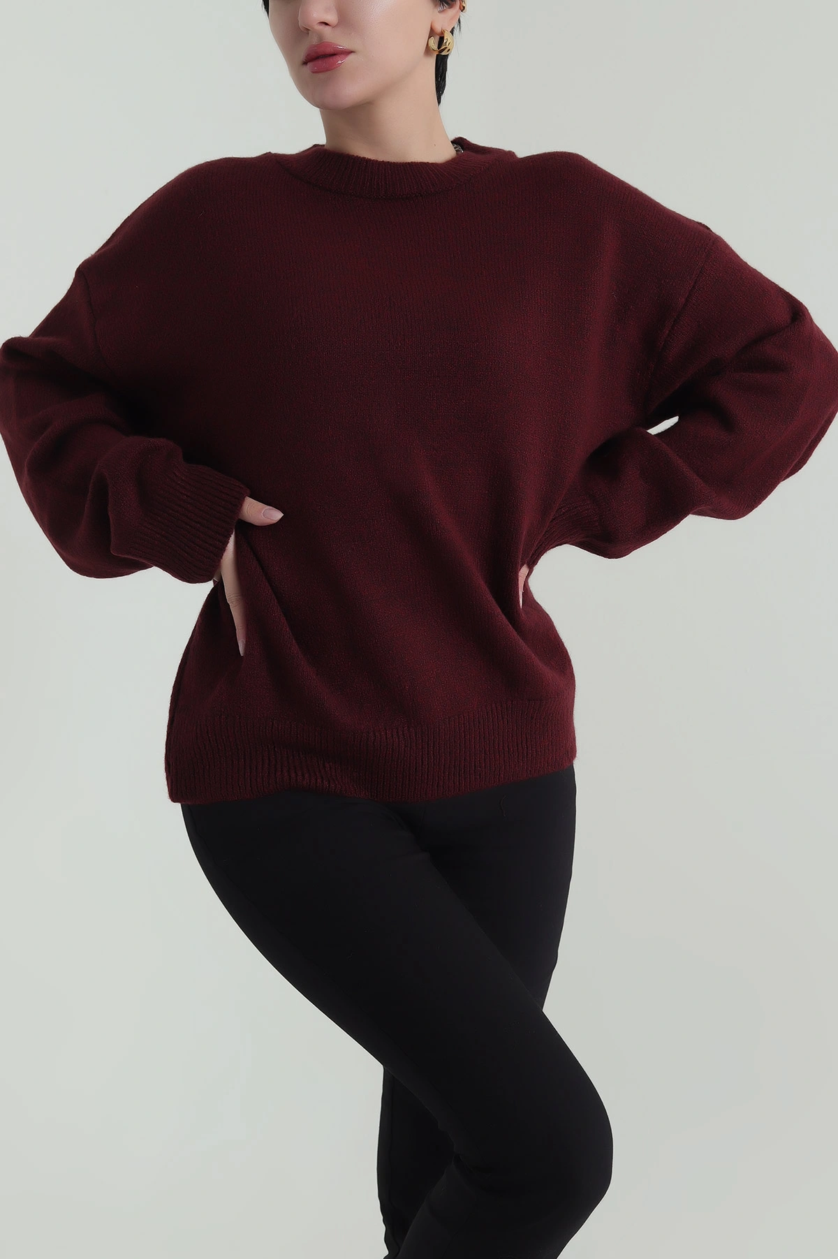 Bordo Bisiklet Yaka Oversize Kadın Triko Kazak 421236