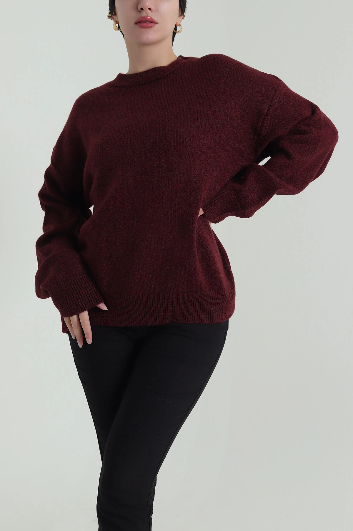 Bordo Bisiklet Yaka Oversize Kadın Triko Kazak 421236