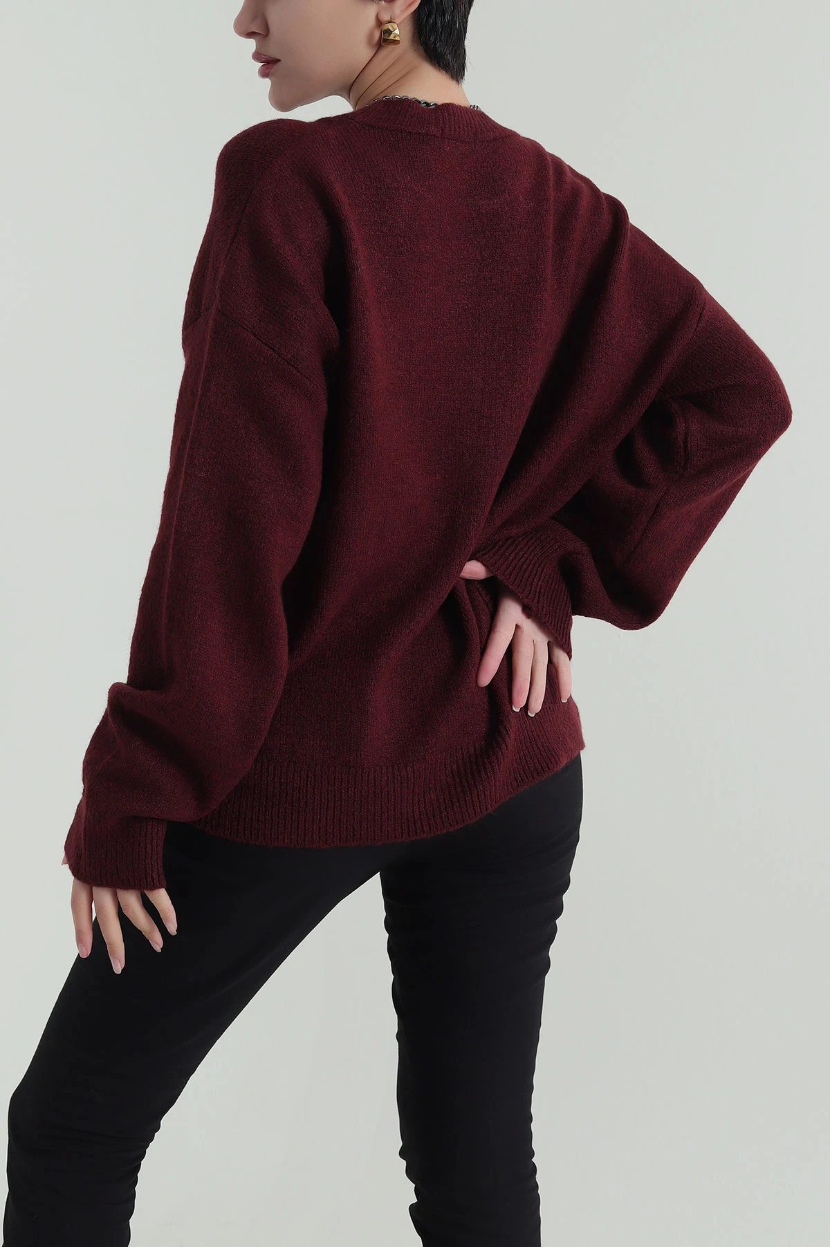 Bordo Bisiklet Yaka Oversize Kadın Triko Kazak 421236