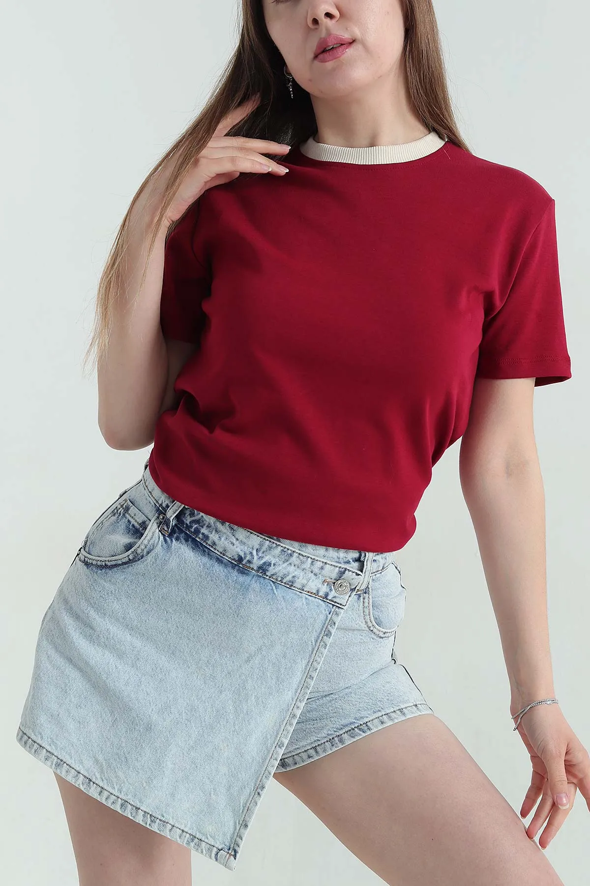 Bordo Bisiklet Yaka Süprem Kadın Tişört 354036