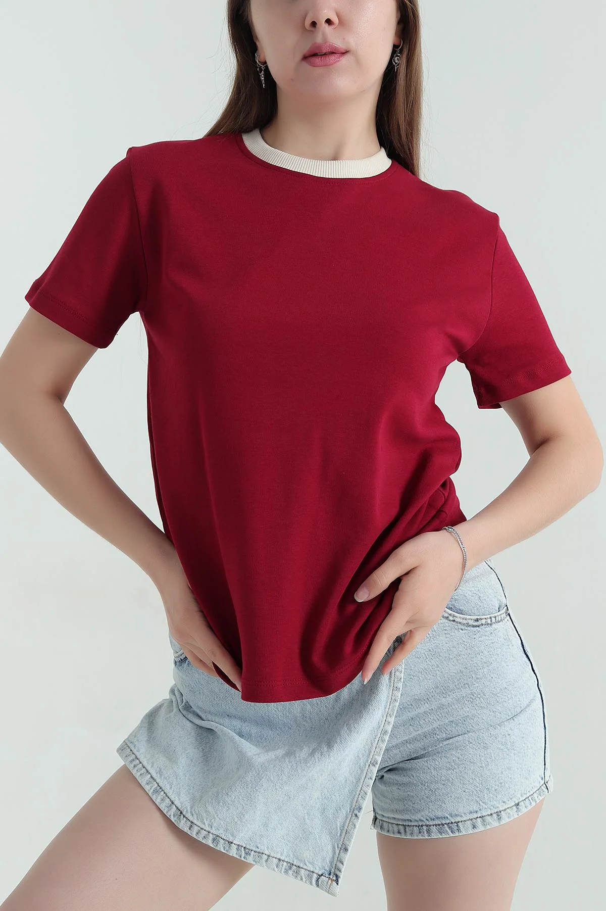Bordo Bisiklet Yaka Süprem Kadın Tişört 354036