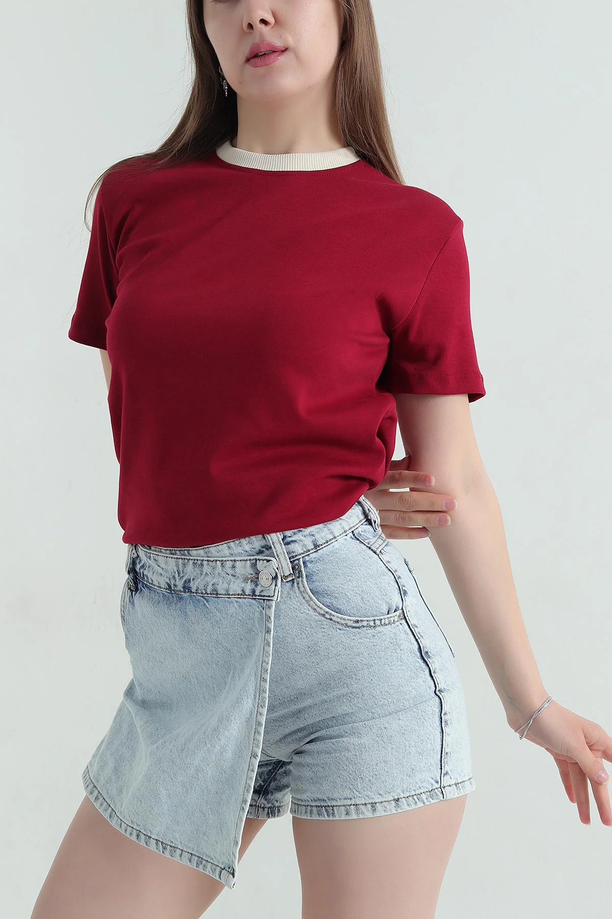 Bordo Bisiklet Yaka Süprem Kadın Tişört 354036