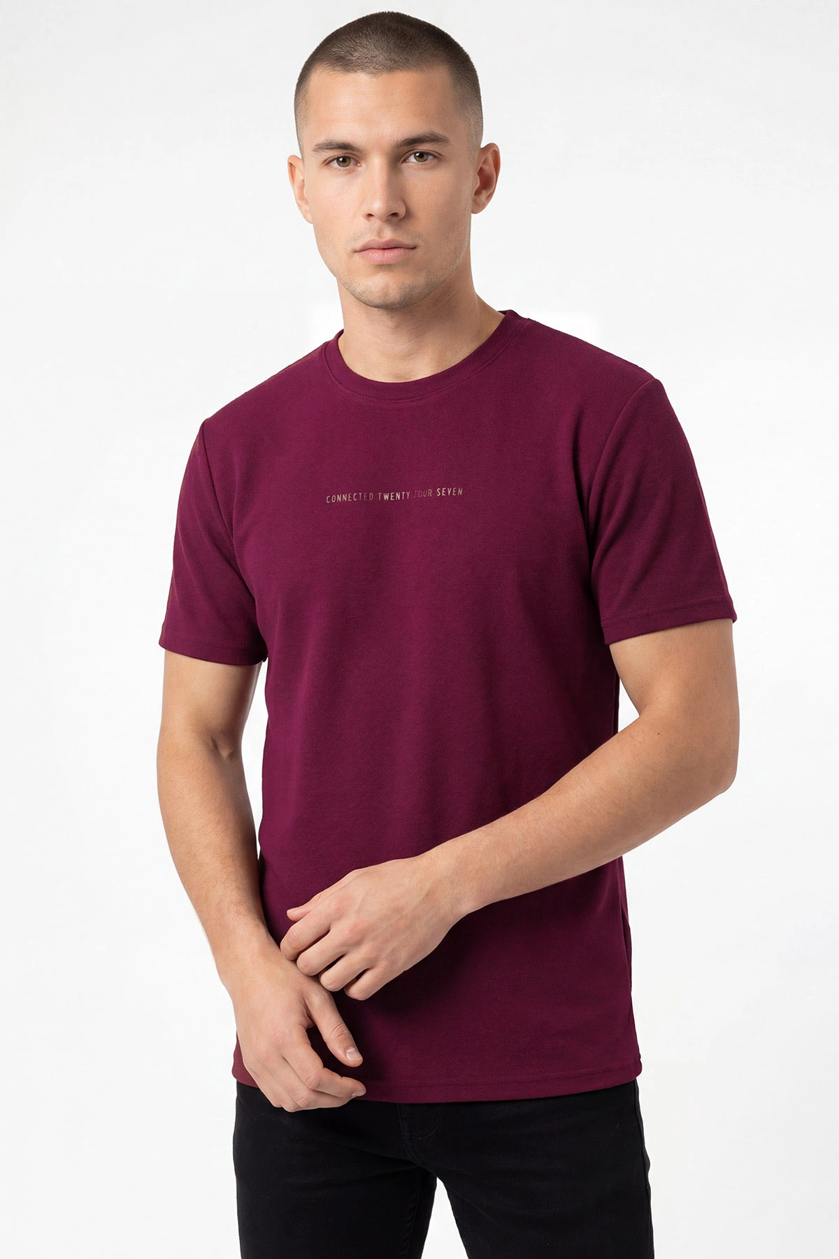 Bordo Bisiklet Yaka Yazı Detaylı Erkek Tişört 462800