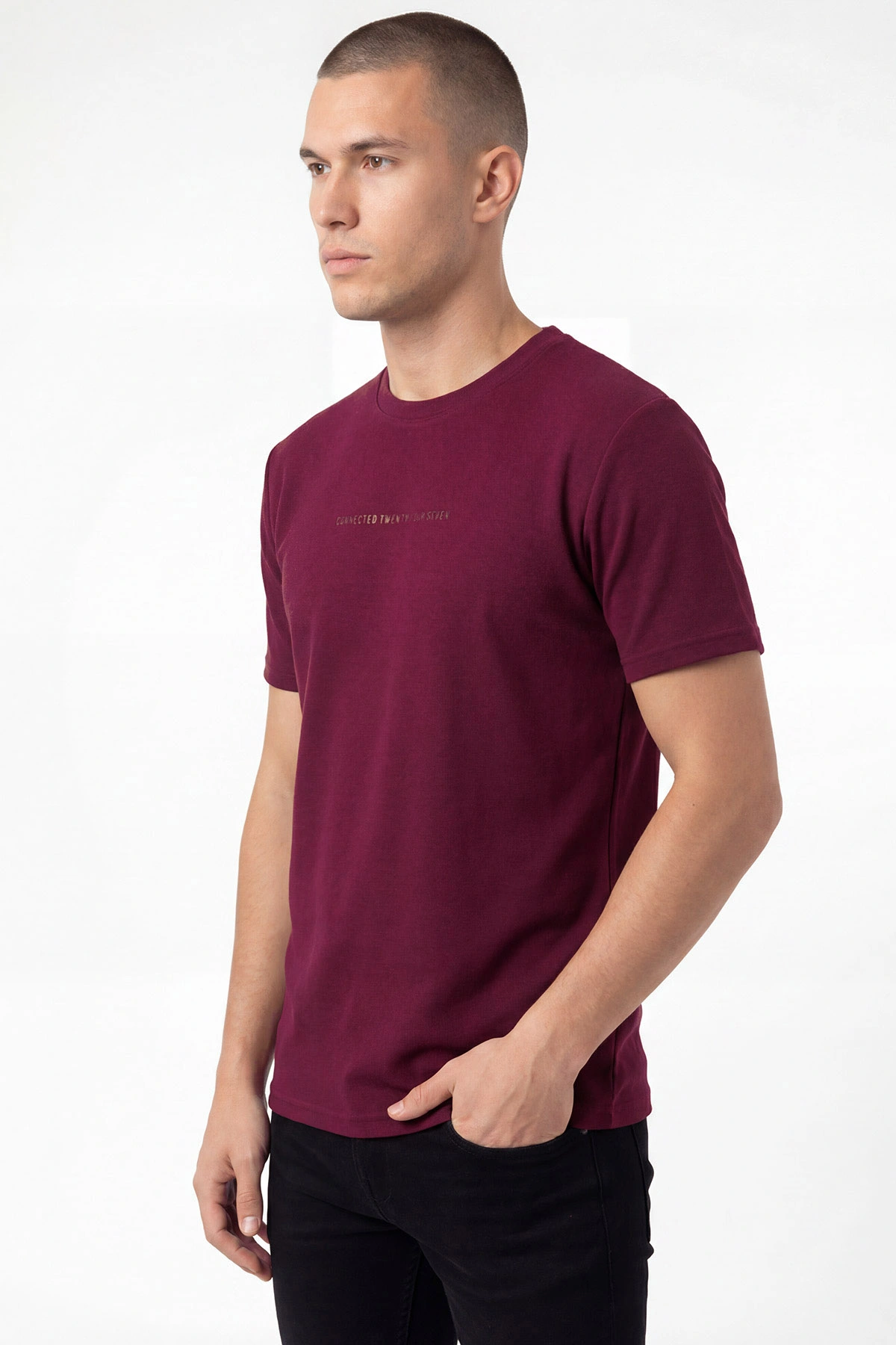 Bordo Bisiklet Yaka Yazı Detaylı Erkek Tişört 462800