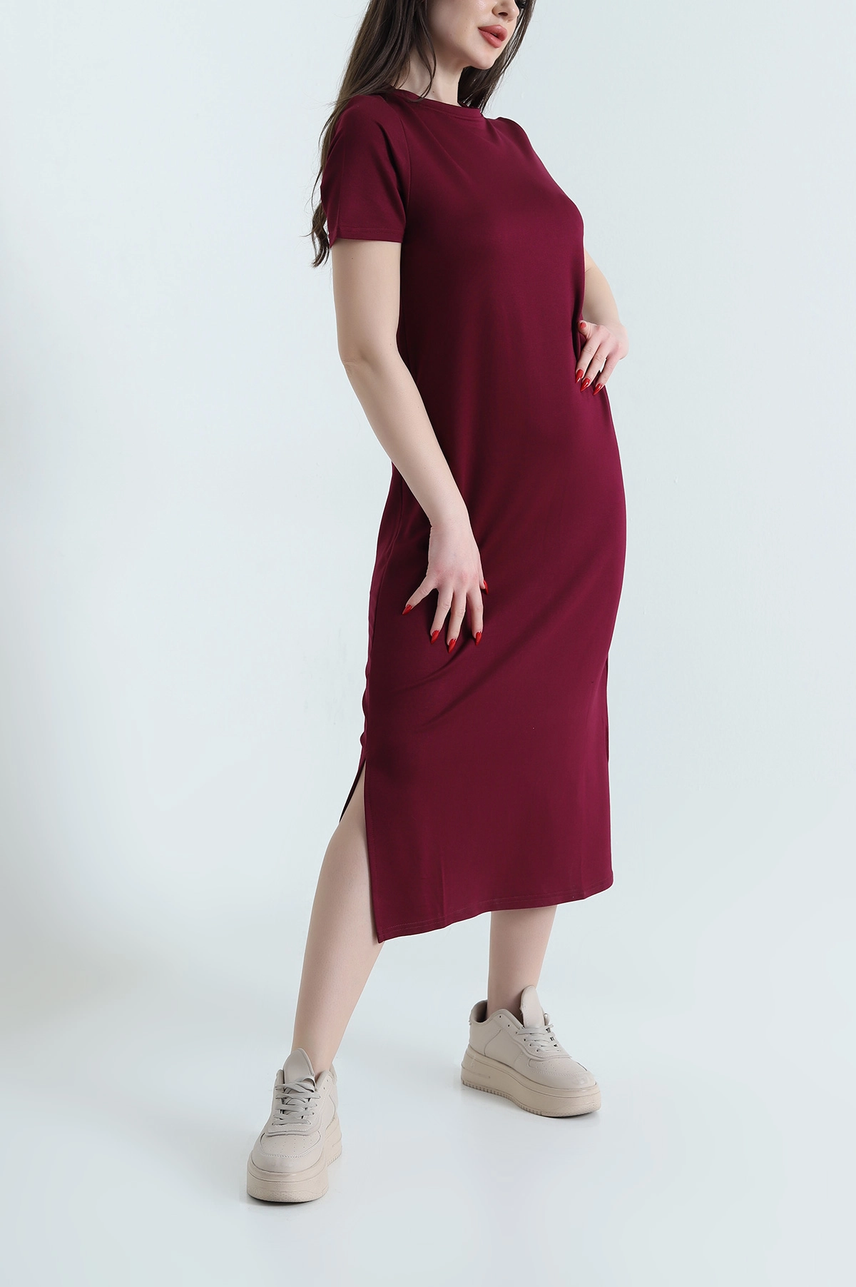 Bordo Bisiklet Yaka Yırtmaçlı Kristal Kadın Elbise 442140
