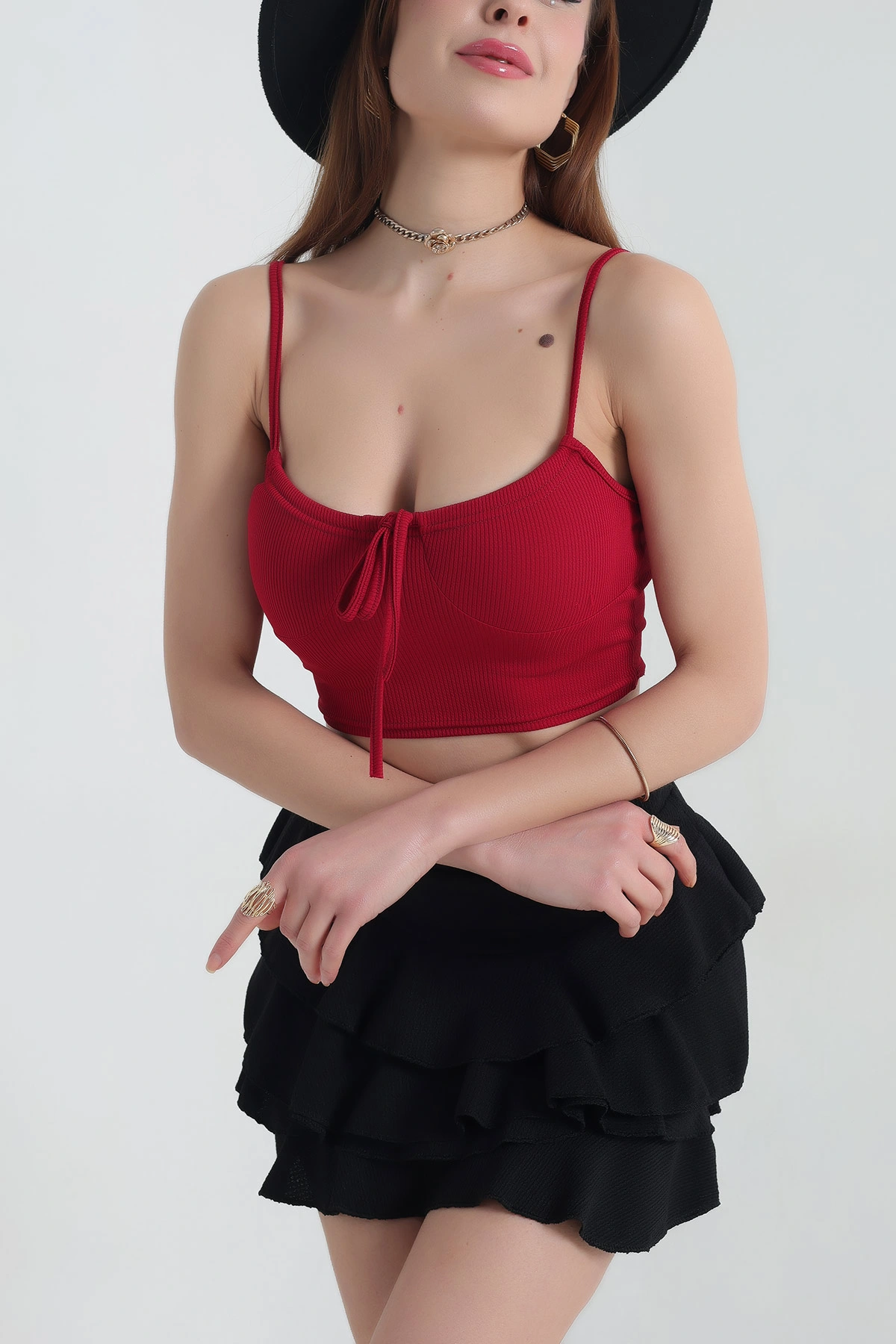Bordo Bürümcük İp Askılı Bluz 337385