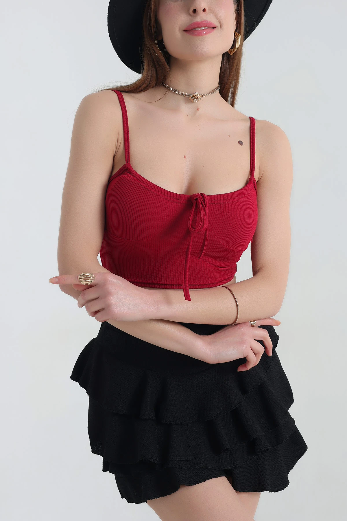 Bordo Bürümcük İp Askılı Bluz 337385