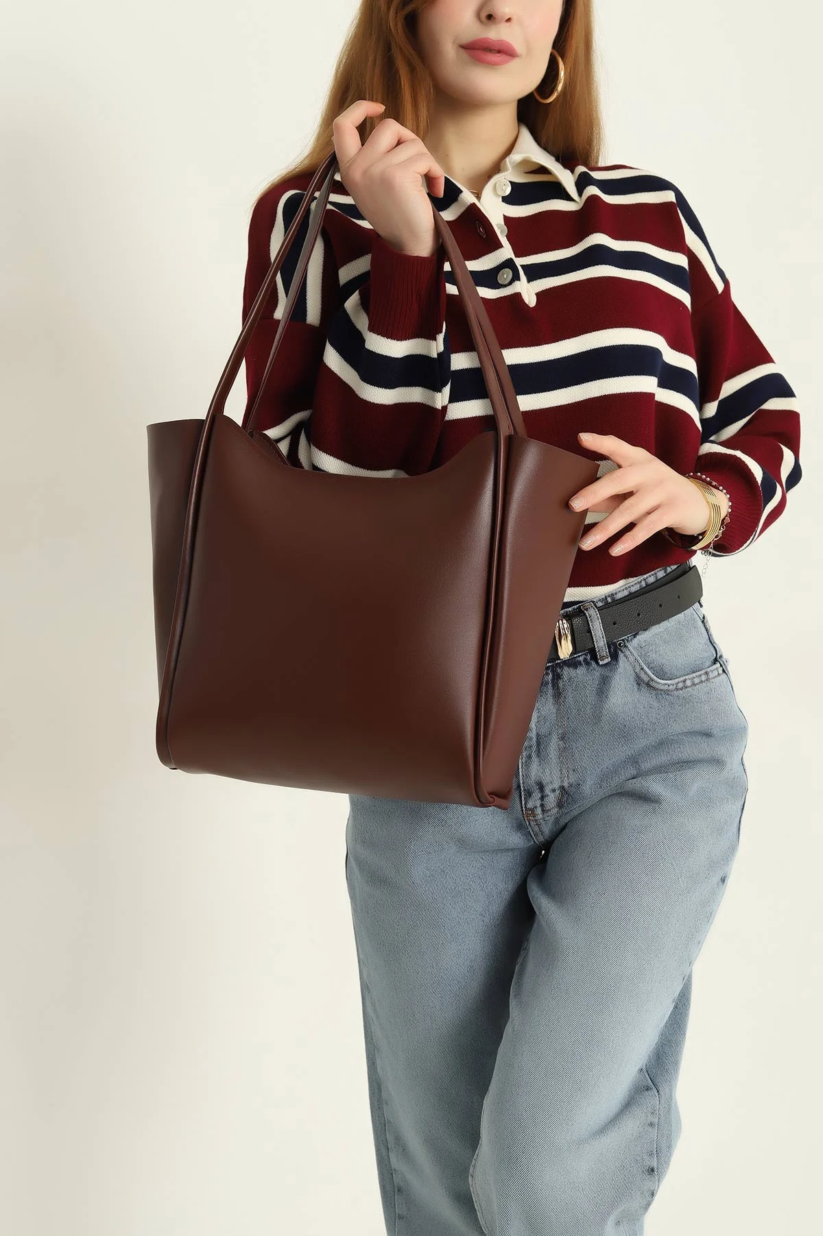 Bordo Büyük Boy Fermuarlı Kadın Kol ve Omuz Çantası 328747