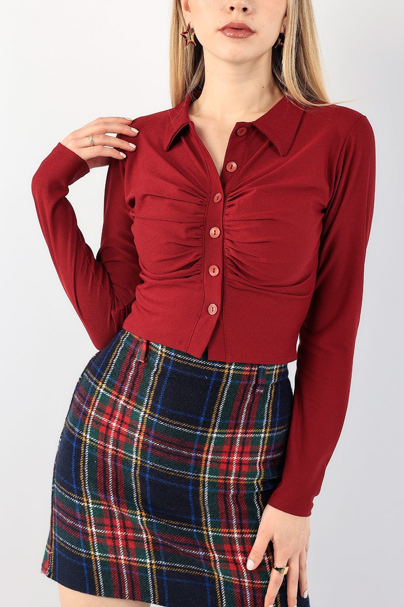 Bordo Büzgü Tasarım Gömlek Bluz 90605